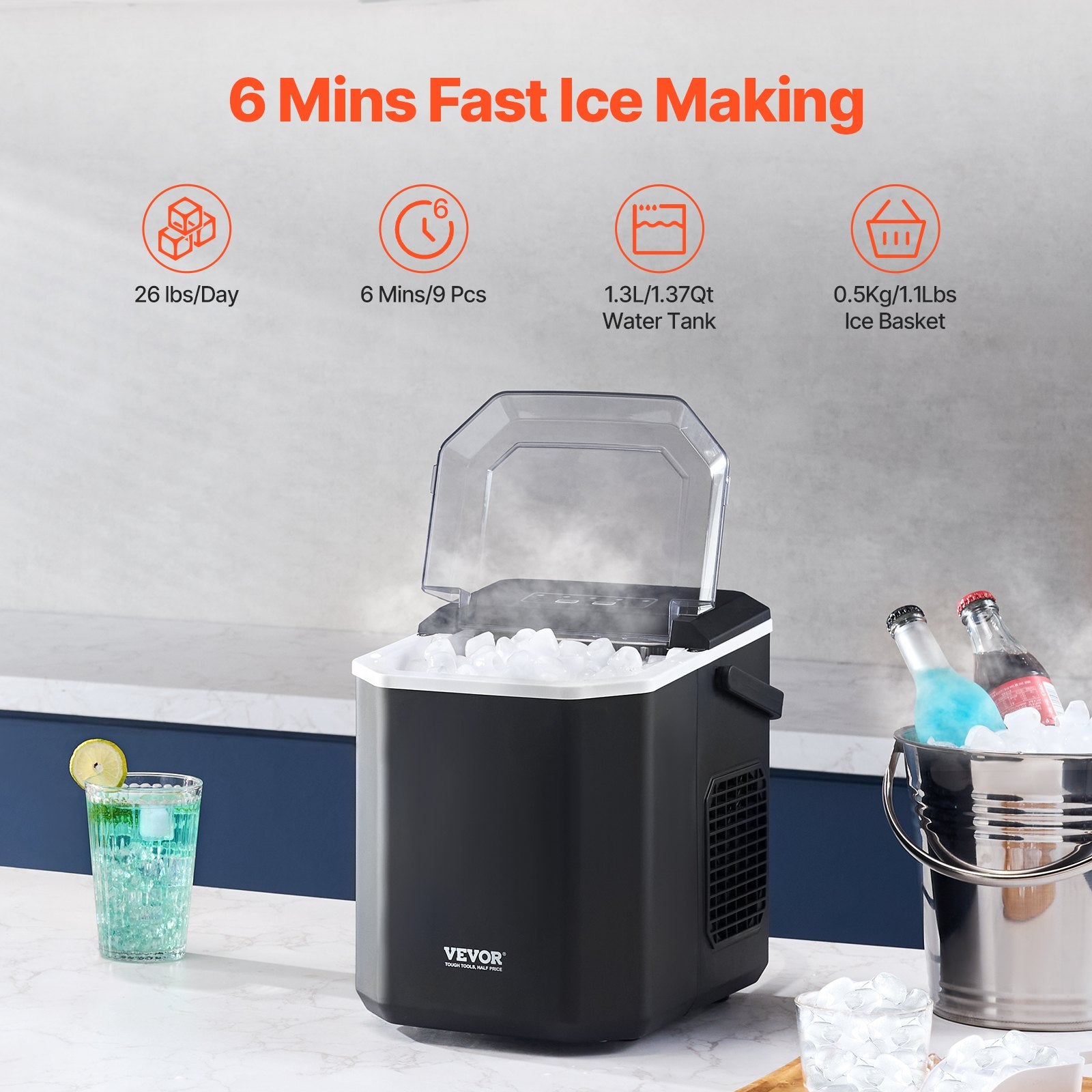 Portable Countertop Ice Maker, 26Lbs/24H Self-Cleaning with Scoop and Basket