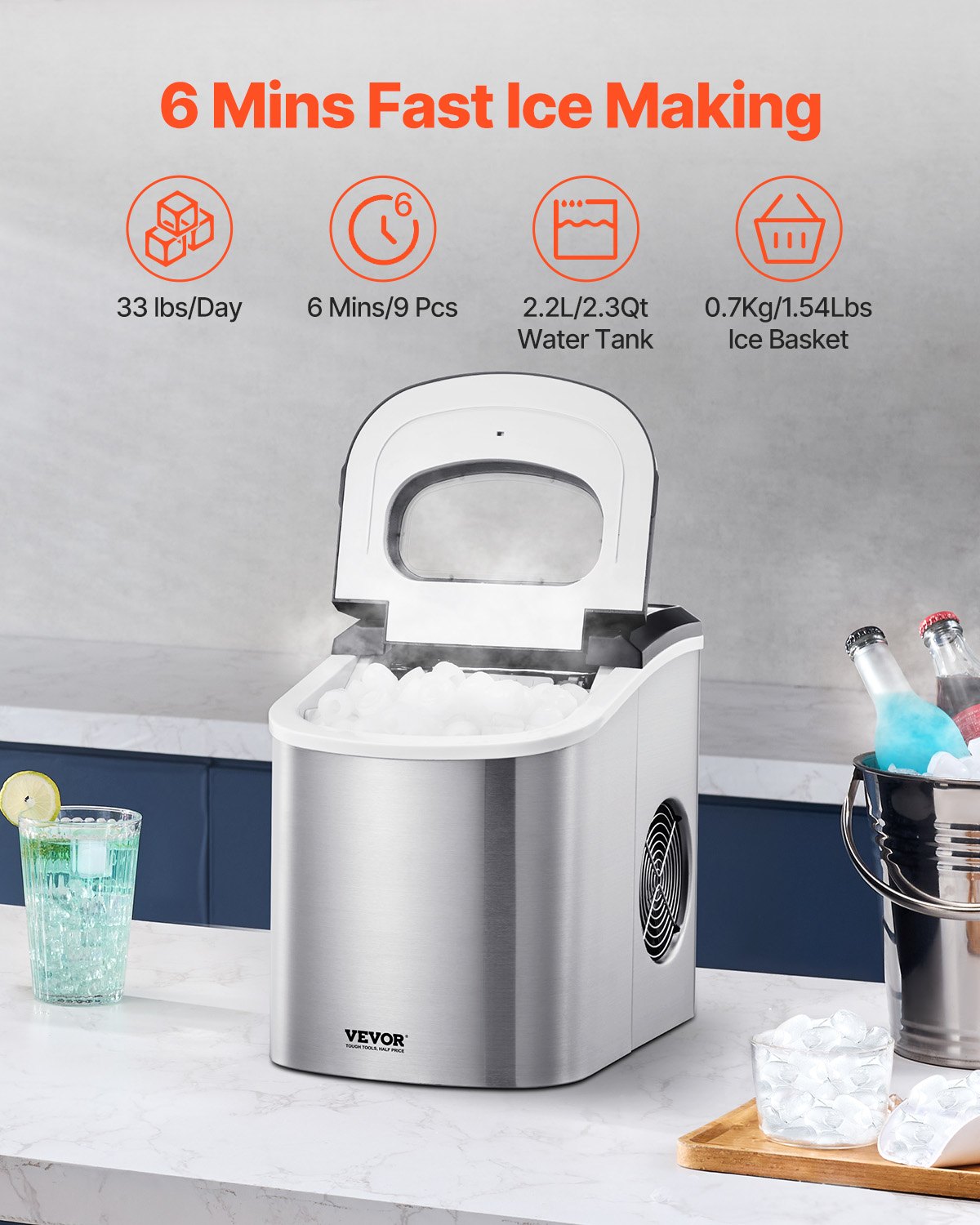 Countertop Ice Maker, 33lbs/24H 9-Cube Quick Self-Cleaning Portable with Scoop