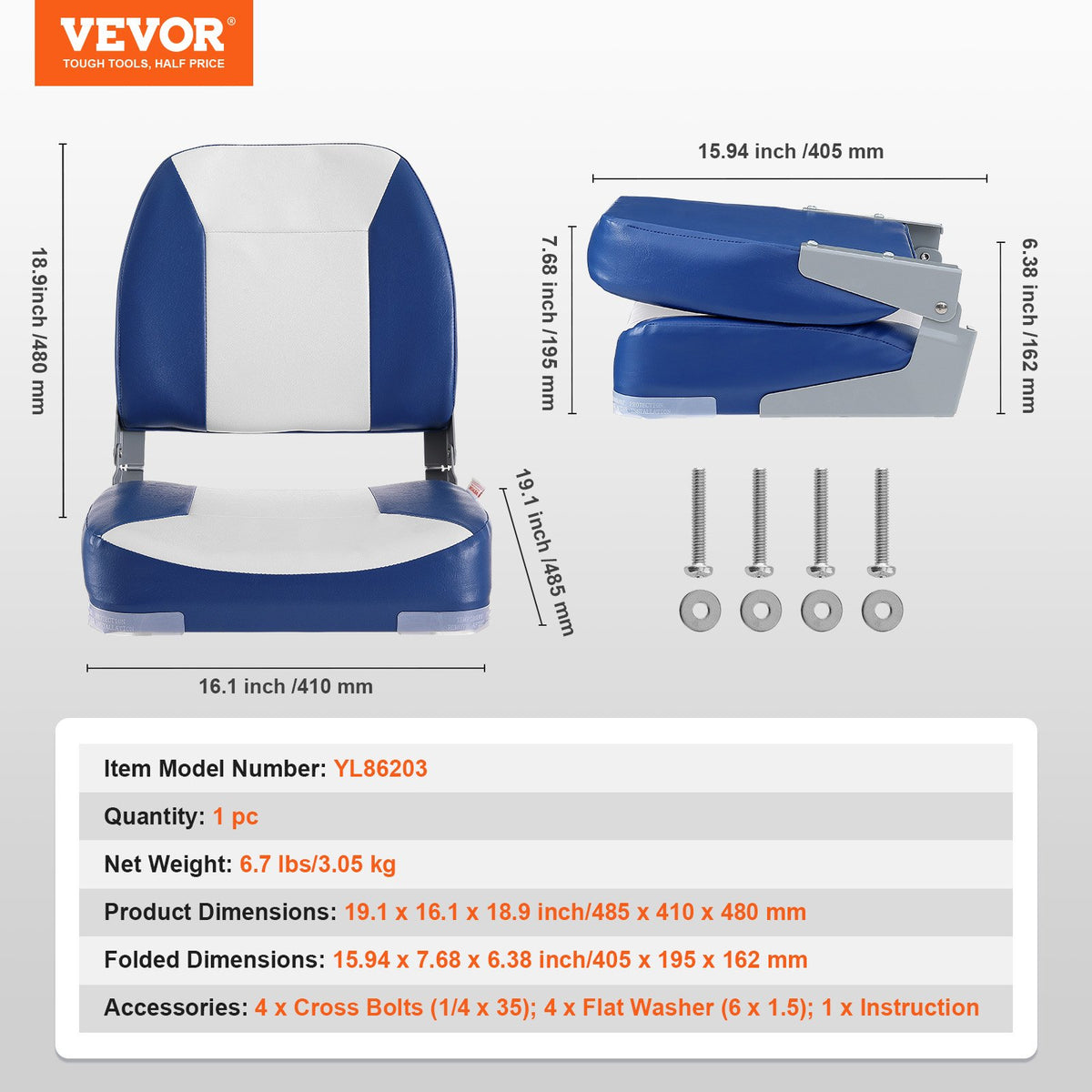 Low Back Folding Boat Seat 48 cm with Thick Sponge Padding