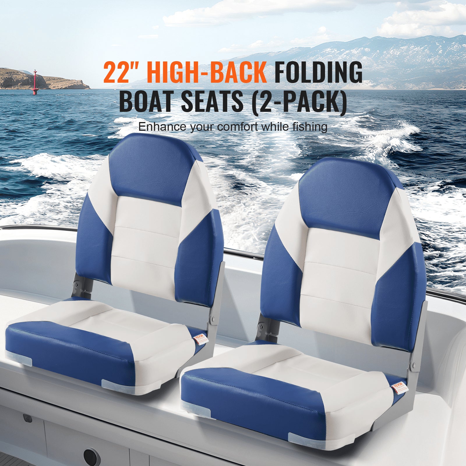 Boat Seats 555mm High Back Folding Captain Chairs Thick Sponge Padding 2-Pack