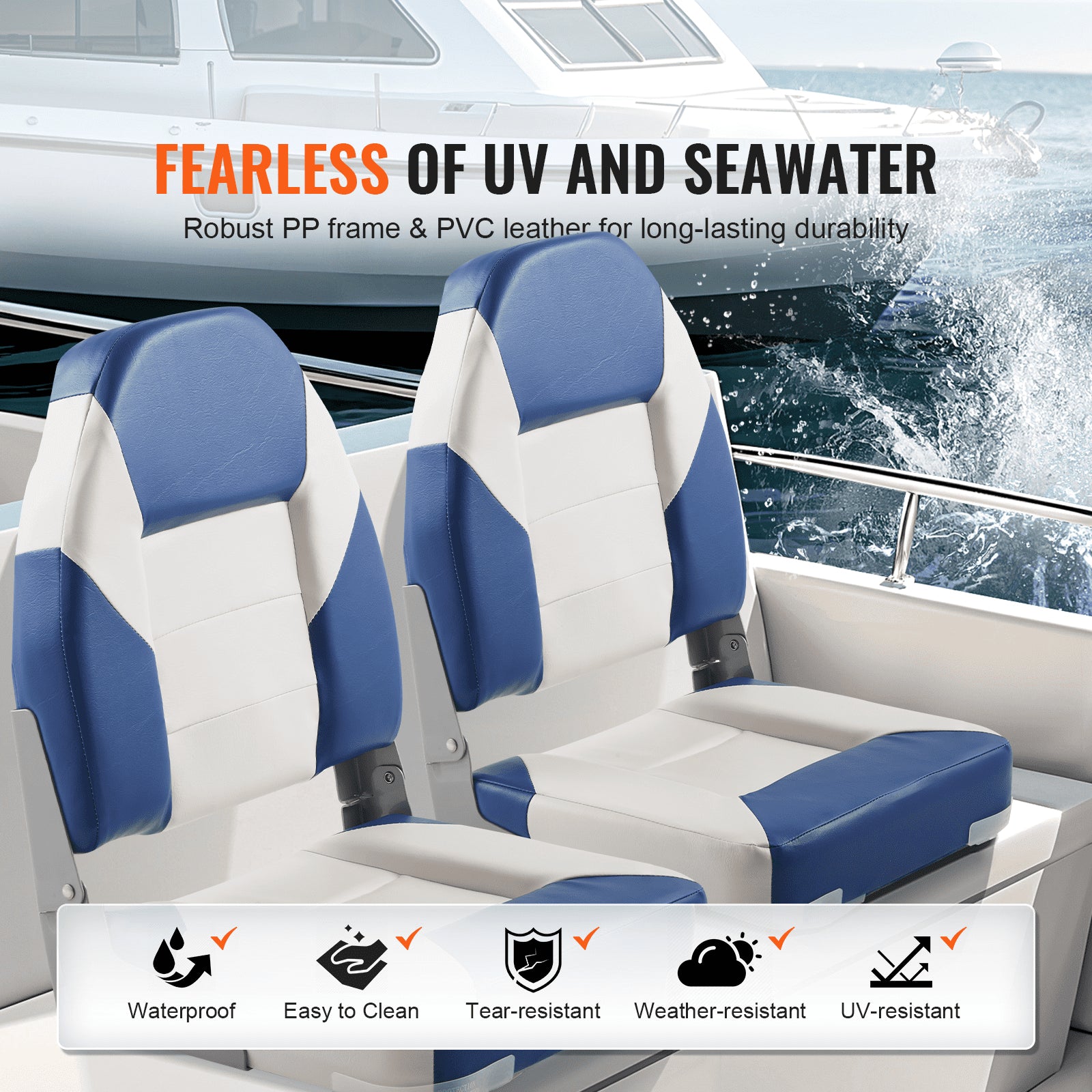 Boat Seats 555mm High Back Folding Captain Chairs Thick Sponge Padding 2-Pack