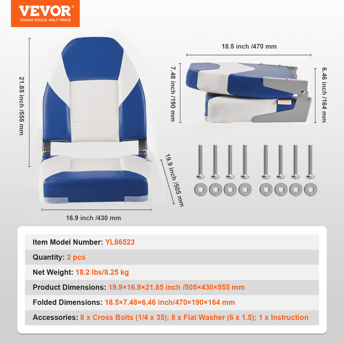 Boat Seats 555mm High Back Folding Captain Chairs Thick Sponge Padding 2-Pack