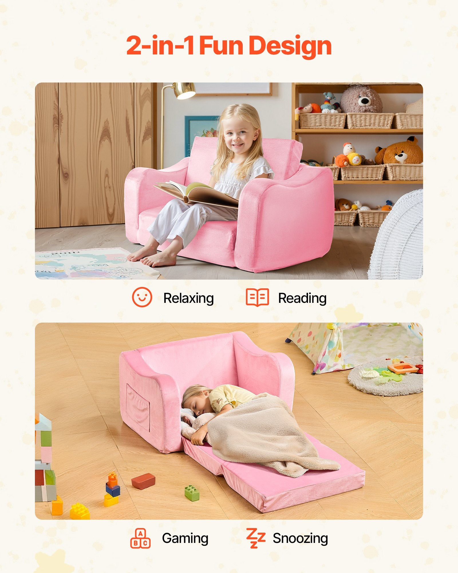 2-in-1 Kids Sofa Foldable Toddler Couch, Convertible Chair to Lounger Pink M