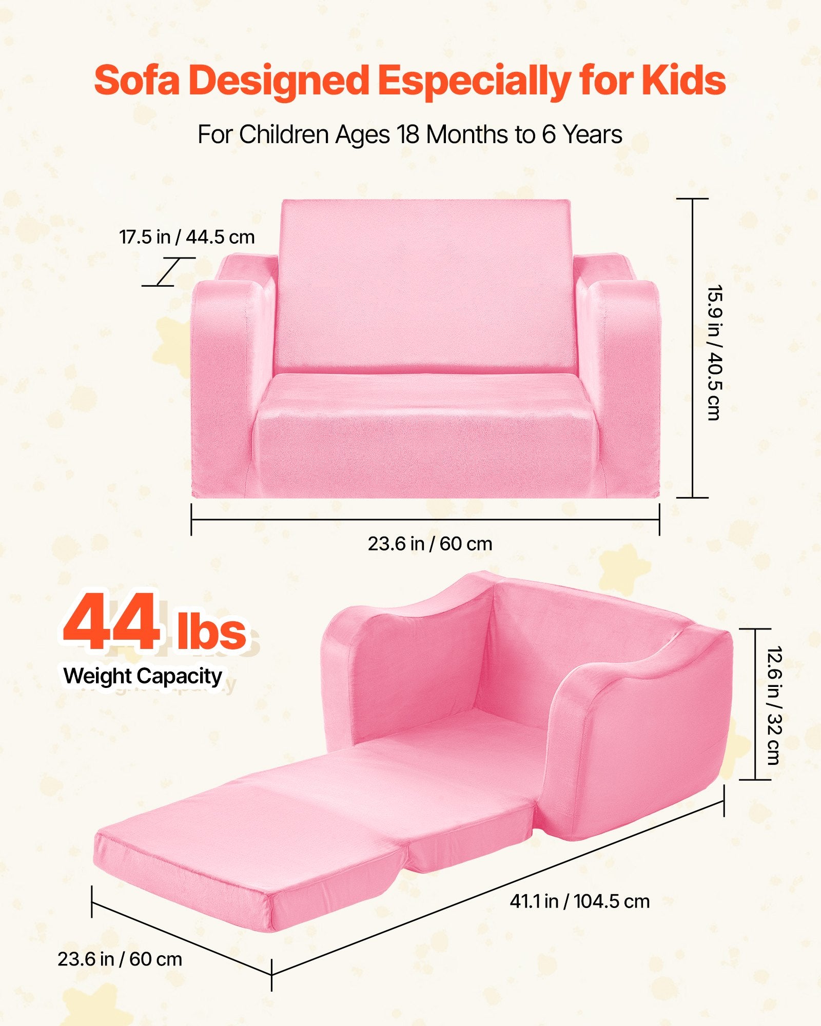 2-in-1 Kids Sofa Foldable Toddler Couch, Convertible Chair to Lounger Pink M