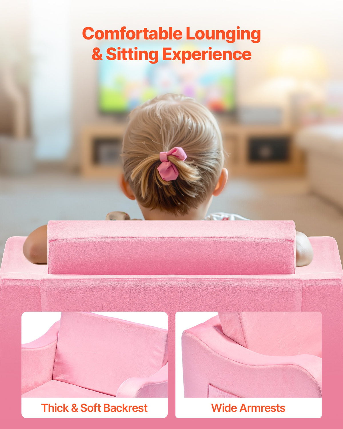 2-in-1 Kids Sofa Foldable Toddler Couch, Convertible Chair to Lounger Pink M