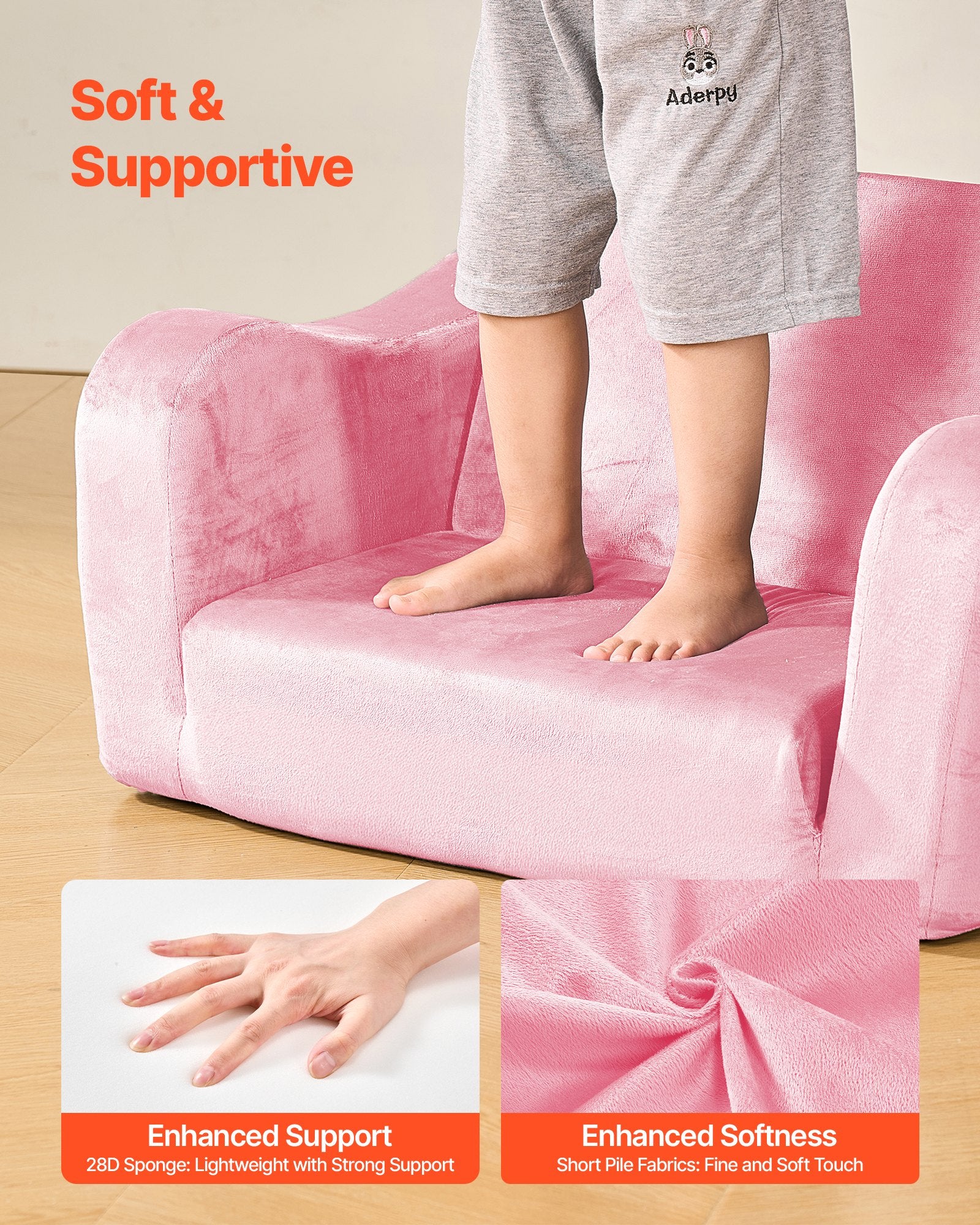 2-in-1 Kids Sofa Foldable Toddler Couch, Convertible Chair to Lounger Pink M