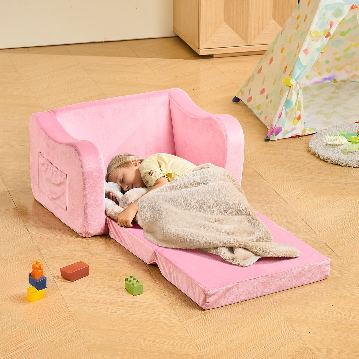 2-in-1 Kids Sofa Foldable Toddler Couch, Convertible Chair to Lounger Pink M