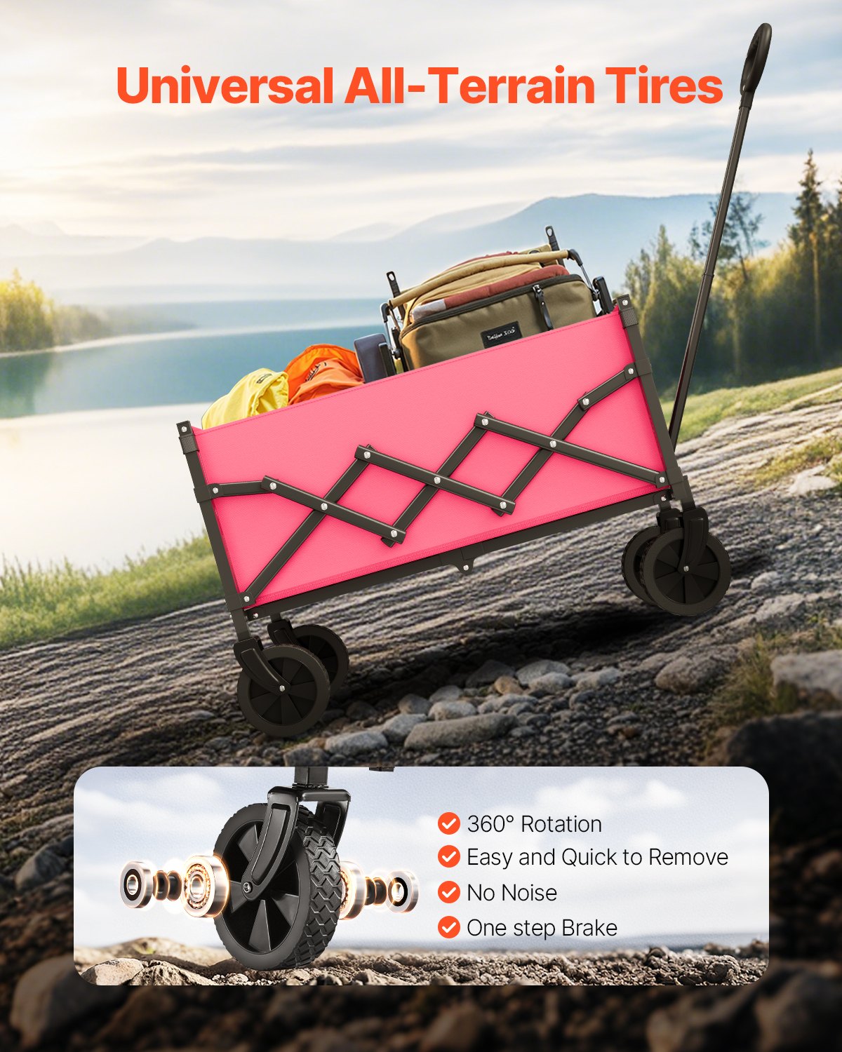 Collapsible Wagon Cart Folding Utility All-Terrain Wheels 225lbs Pink Black