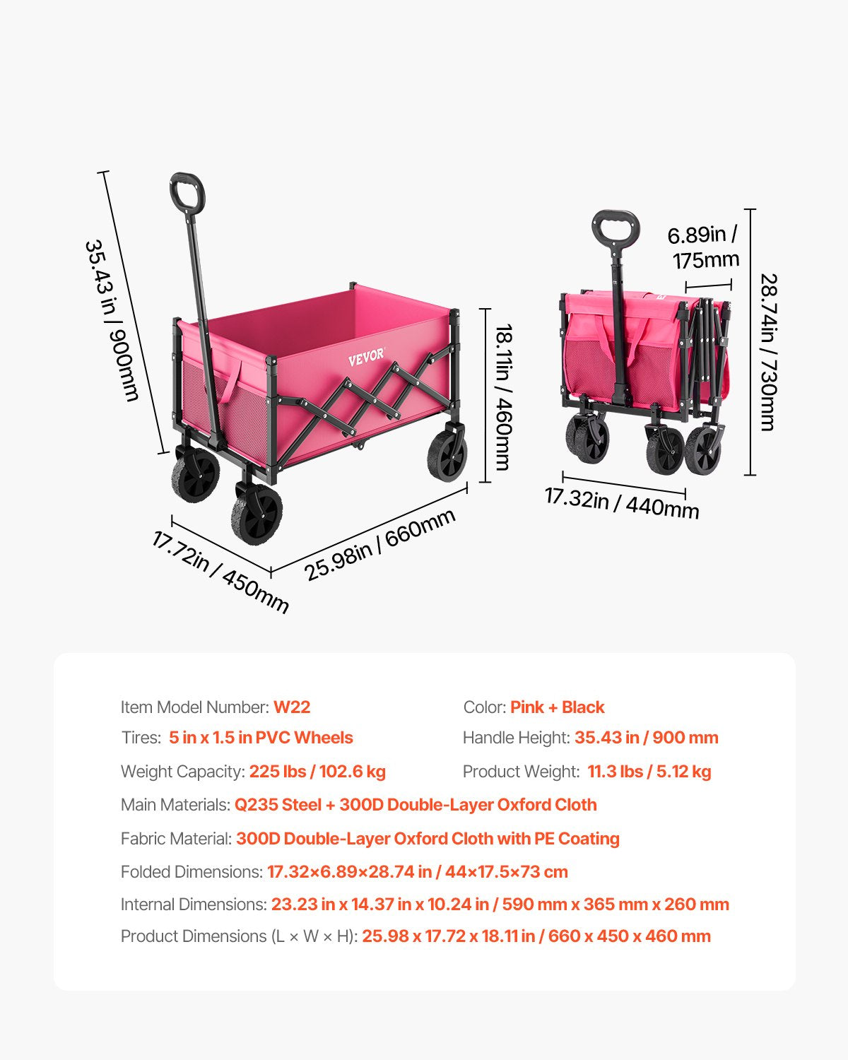 Collapsible Wagon Cart Folding Utility All-Terrain Wheels 225lbs Pink Black