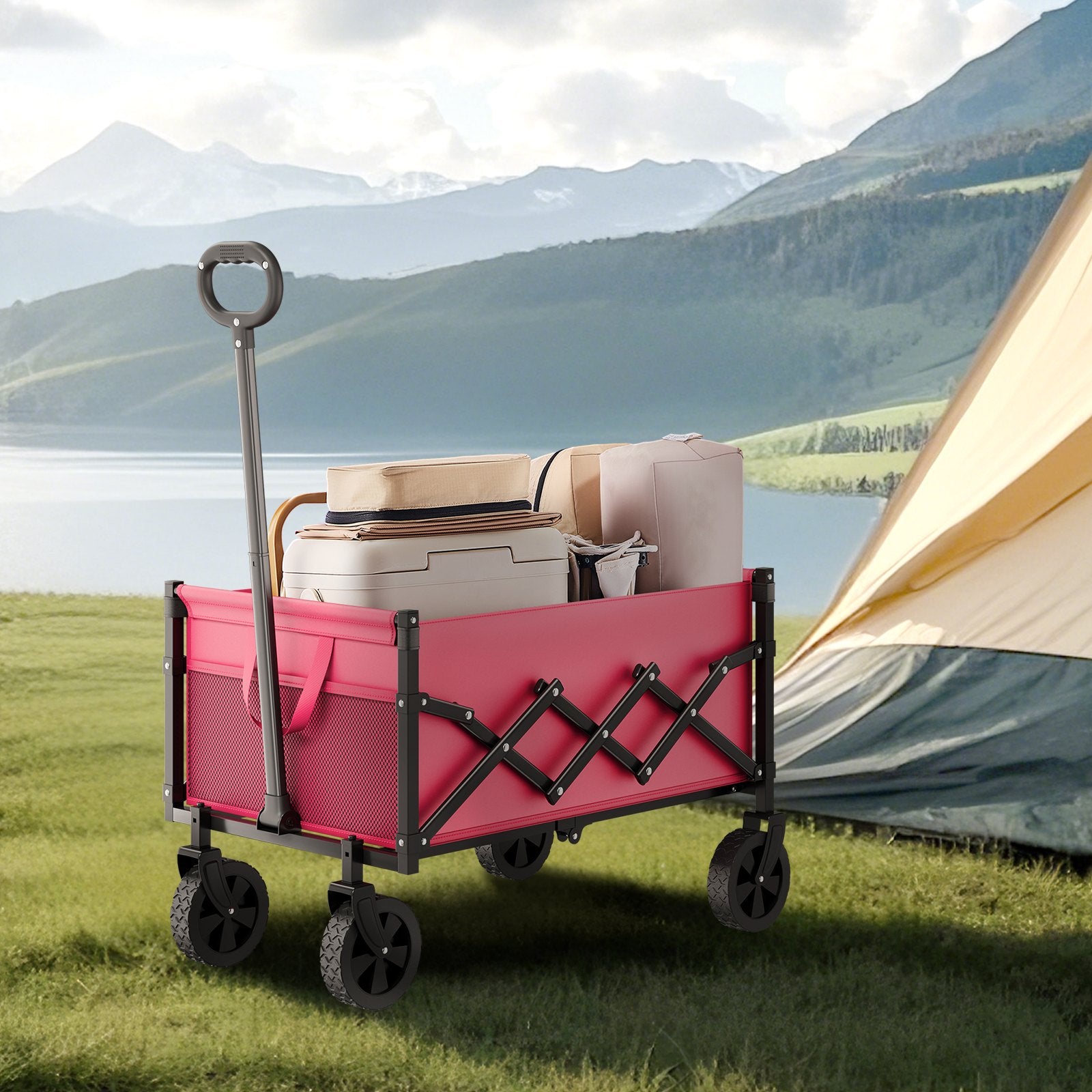 Collapsible Wagon Cart Folding Utility All-Terrain Wheels 225lbs Pink Black