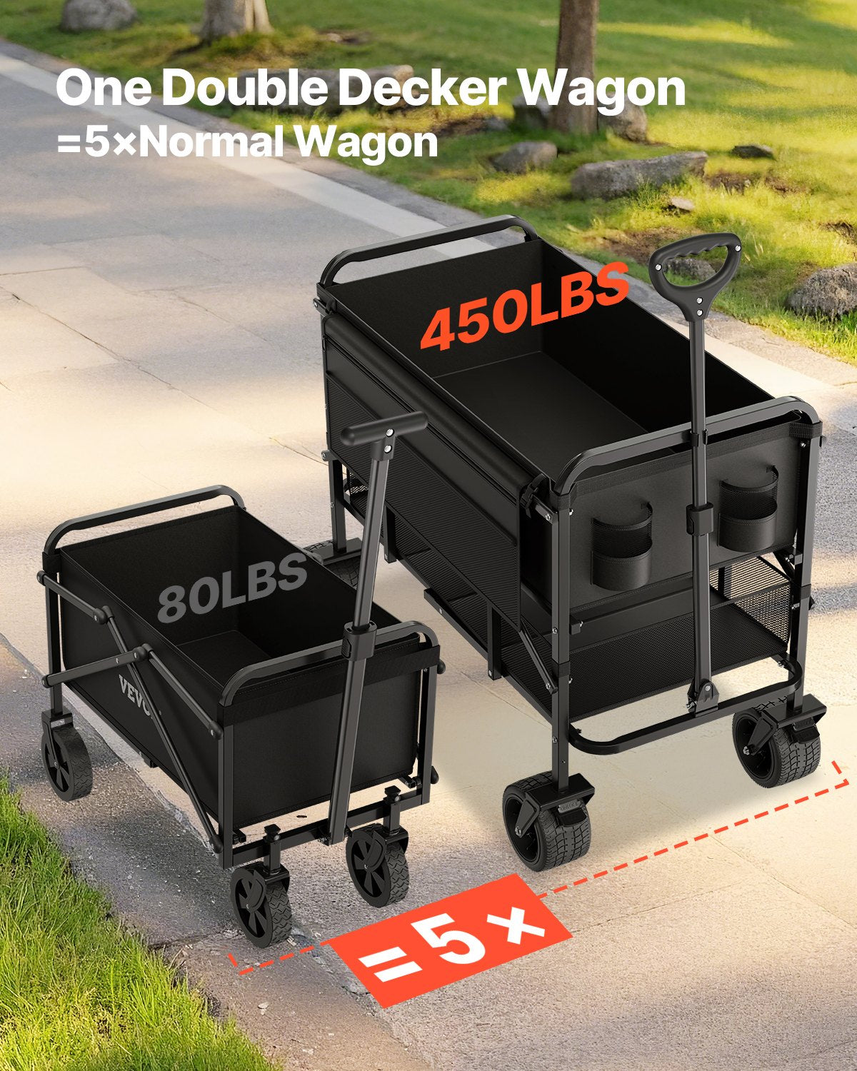 Double Decker Collapsible Wagon 400L HD Folding Cart 450lbs All-Terrain Outdoor