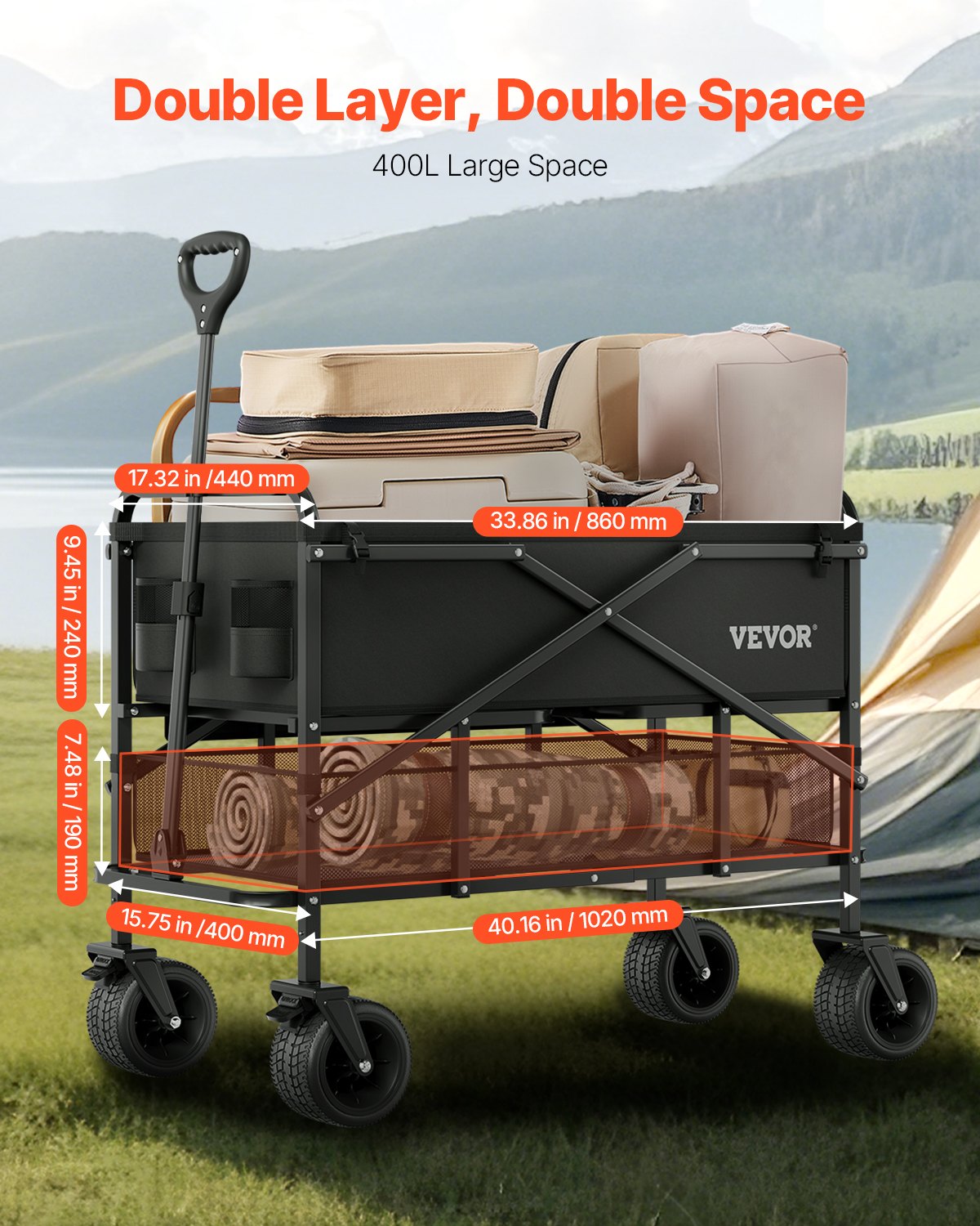 Double Decker Collapsible Wagon 400L HD Folding Cart 450lbs All-Terrain Outdoor