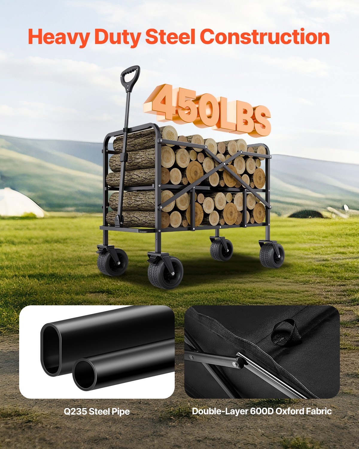 Double Decker Collapsible Wagon 400L HD Folding Cart 450lbs All-Terrain Outdoor