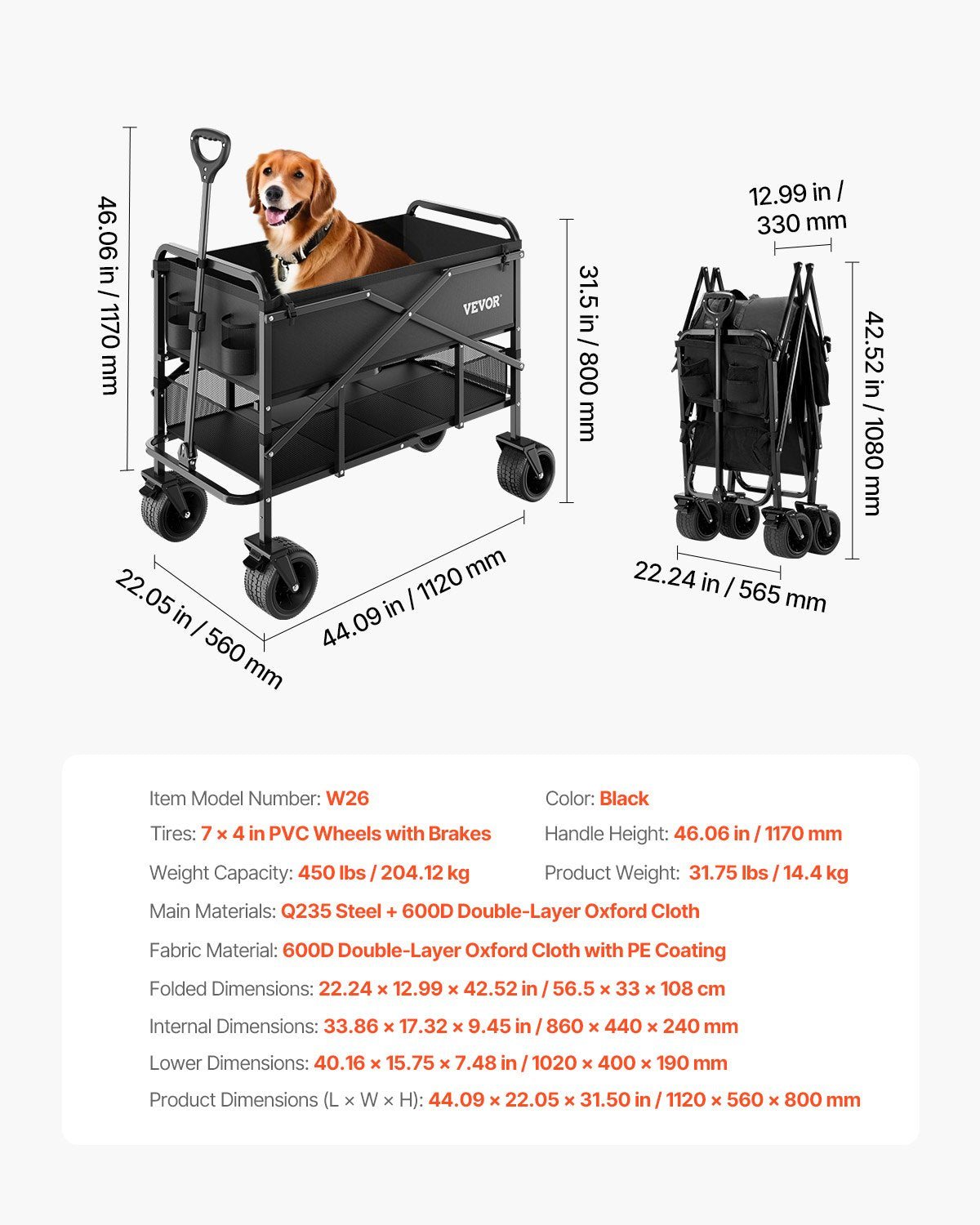 Double Decker Collapsible Wagon 400L HD Folding Cart 450lbs All-Terrain Outdoor