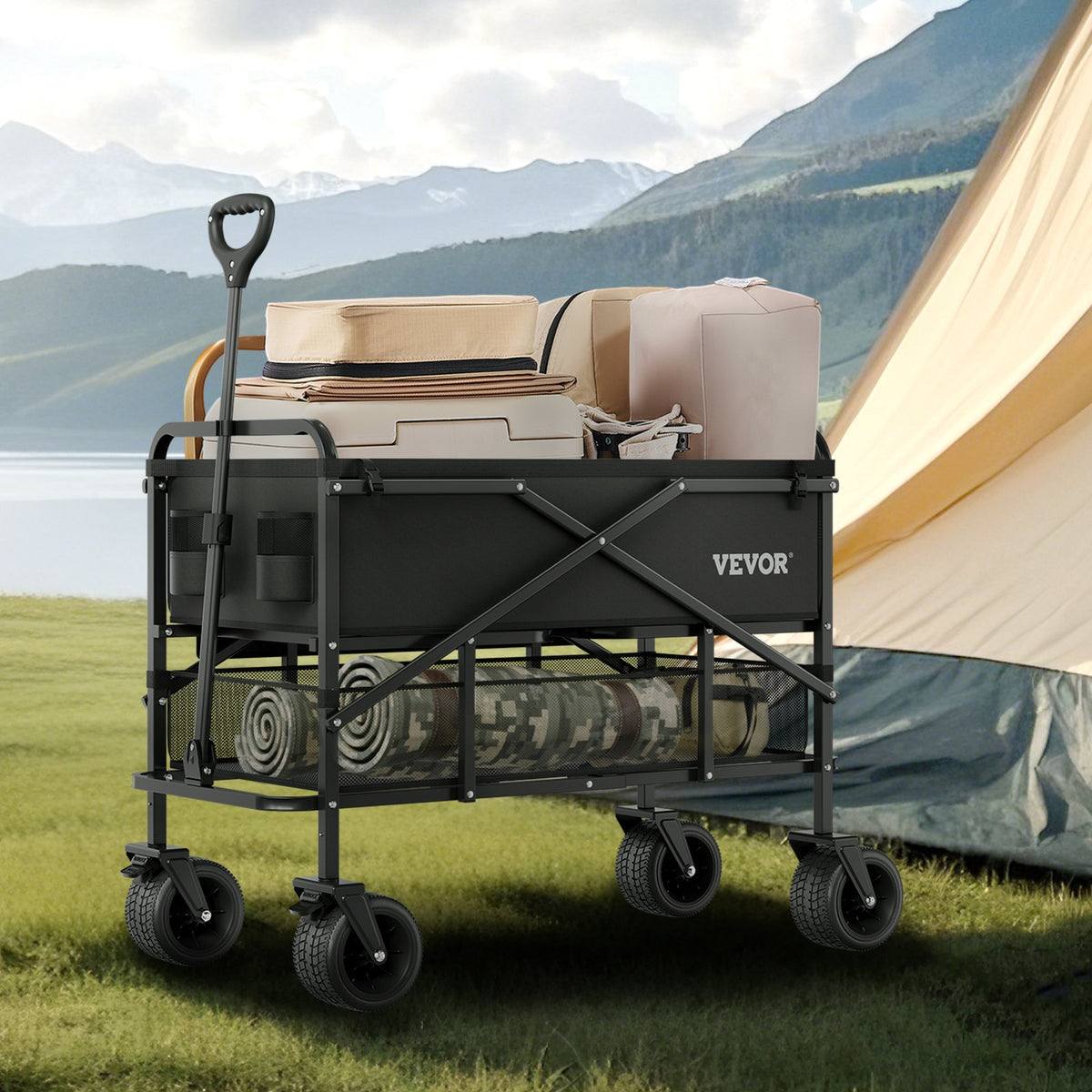 Double Decker Collapsible Wagon 400L HD Folding Cart 450lbs All-Terrain Outdoor