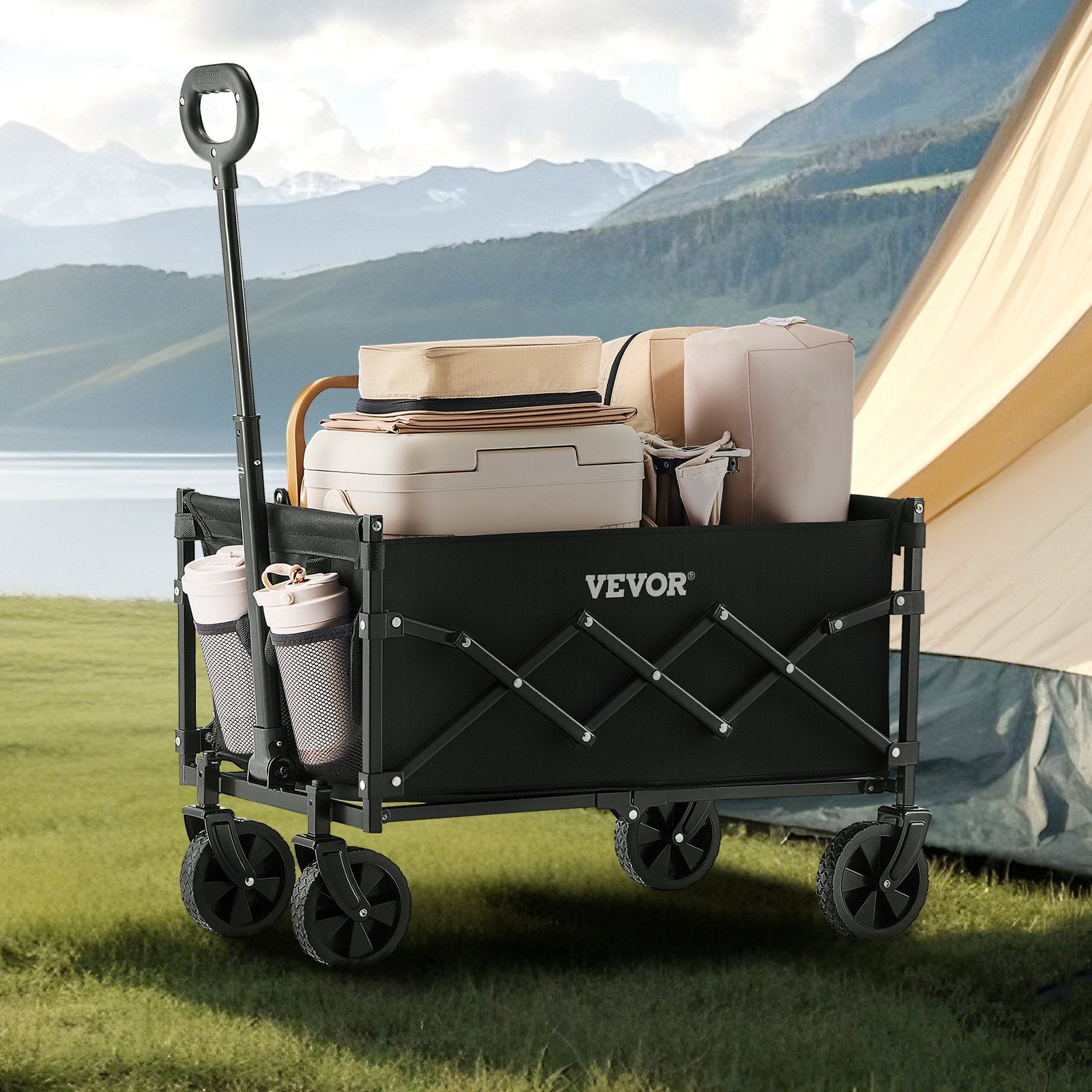 Collapsible Wagon Cart Folding Utility All-Terrain Wheels 225lbs Black