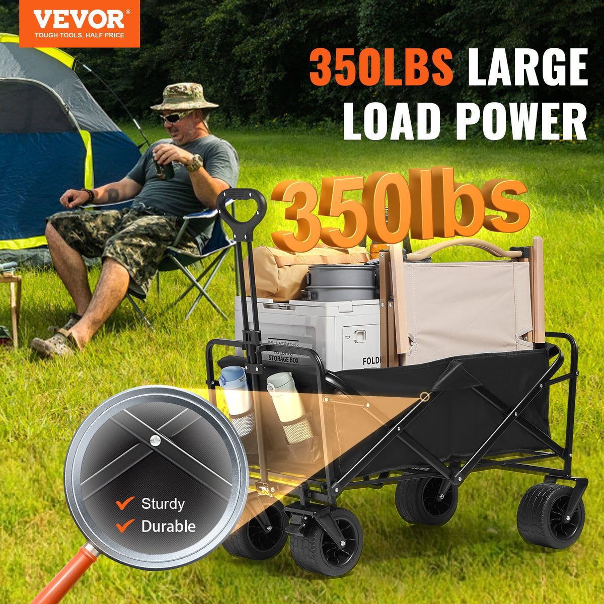 Folding Wagon Collapsible All-Terrain Beach Cart Drink Holders 350lbs
