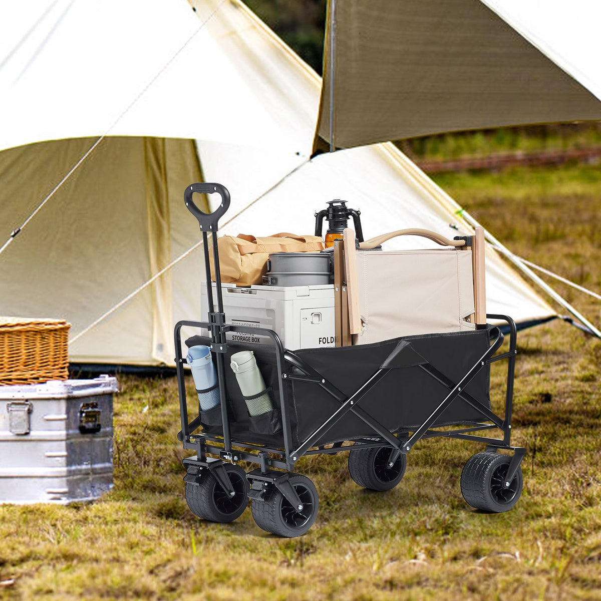 Folding Wagon Collapsible All-Terrain Beach Cart Drink Holders 350lbs