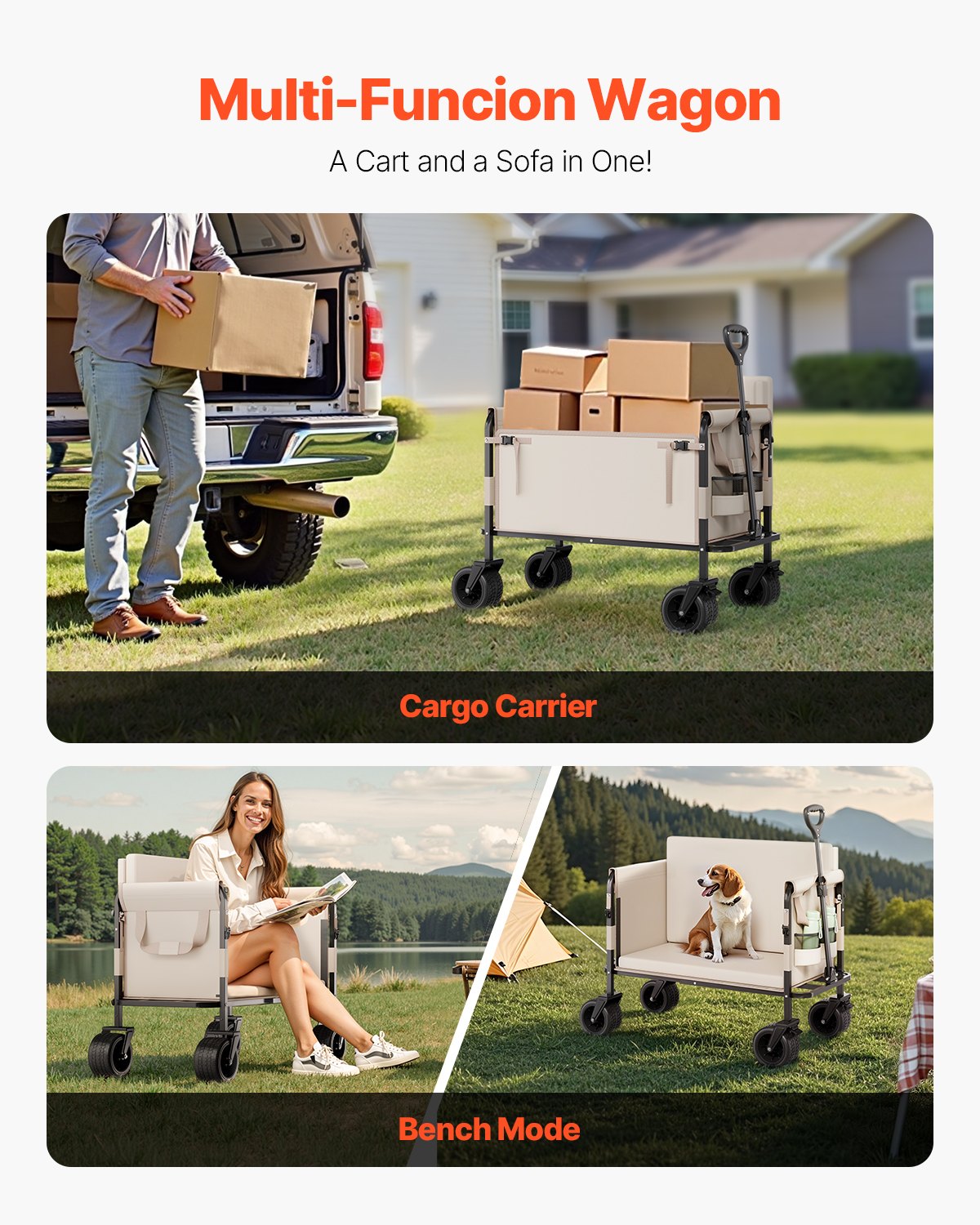 Collapsible Folding Wagon 550lb 220L 2-in-1 Converts to Bench Adjustable Handle