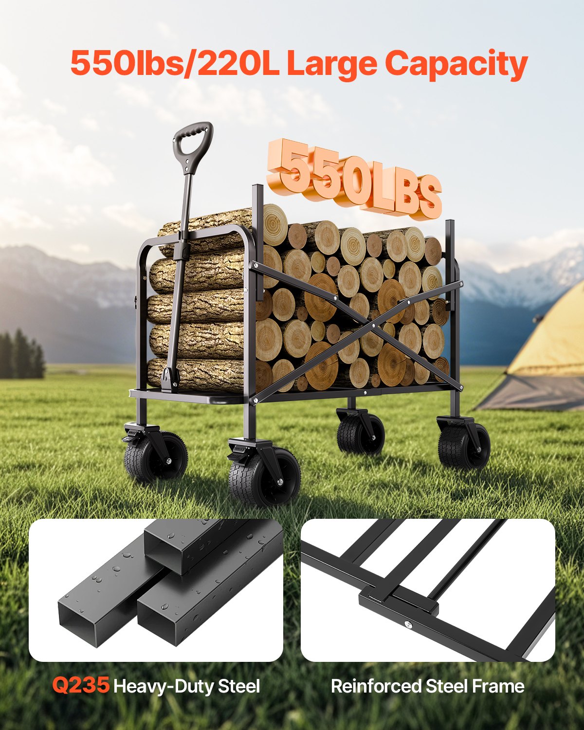 Collapsible Folding Wagon 550lb 220L 2-in-1 Converts to Bench Adjustable Handle