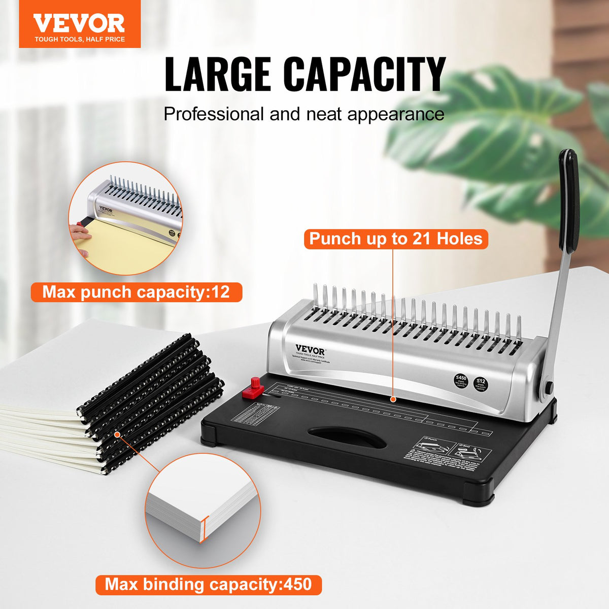 Binding Machine 21-Holes, 450 Sheets Comb Book Binder with 100 3/8" Spines