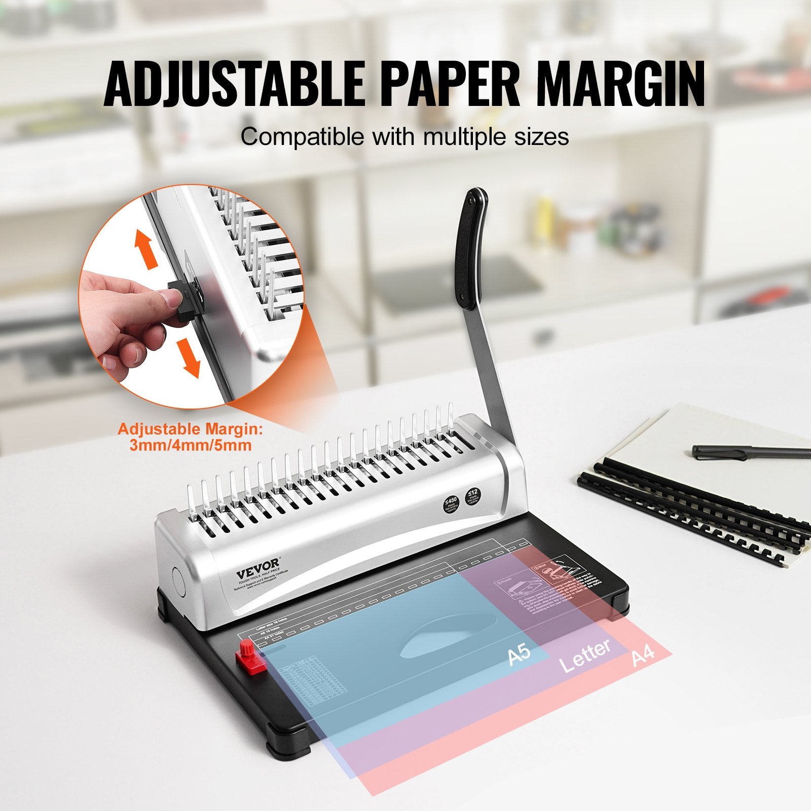 Binding Machine 21-Holes, 450 Sheets Comb Book Binder with 100 3/8" Spines