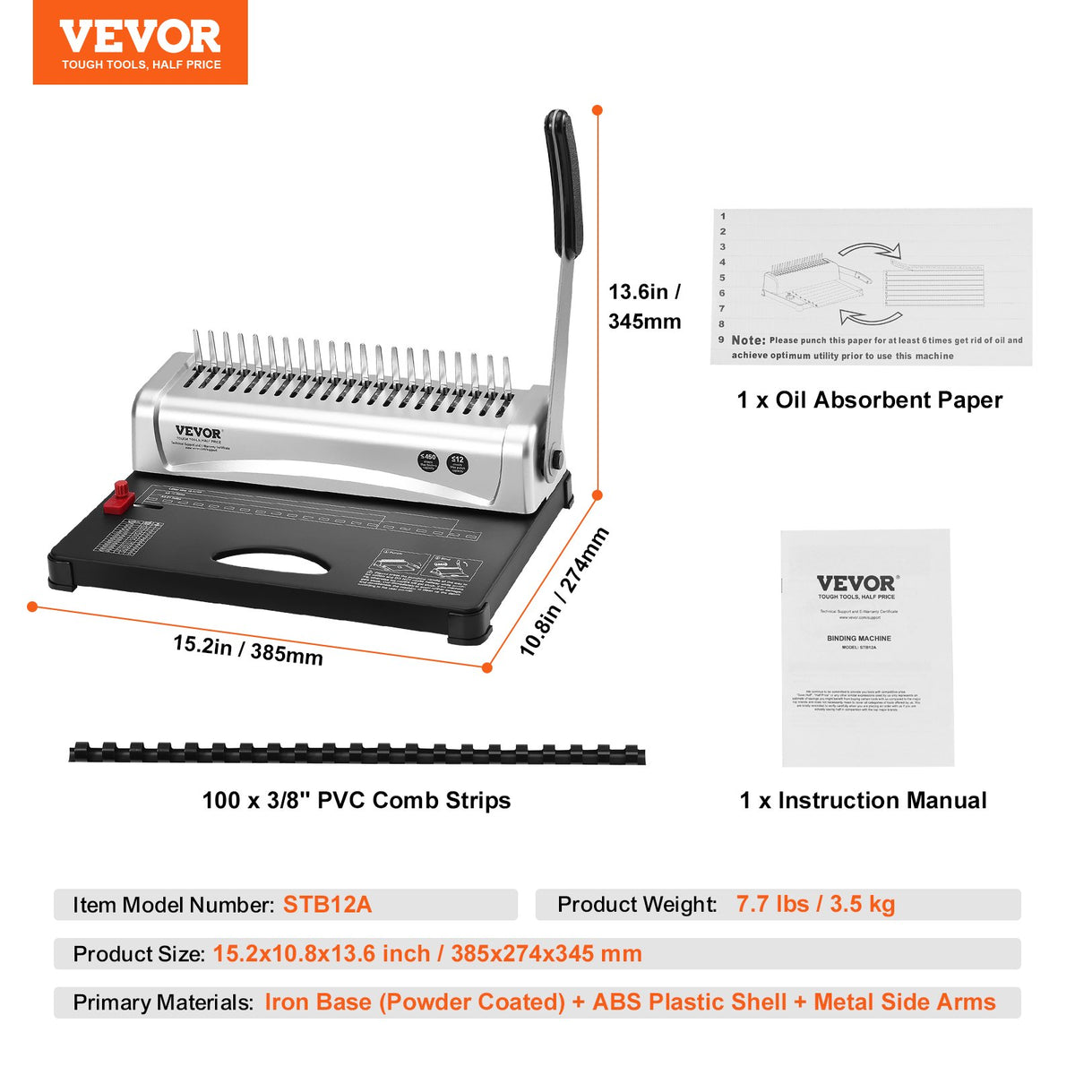Binding Machine 21-Holes, 450 Sheets Comb Book Binder with 100 3/8" Spines
