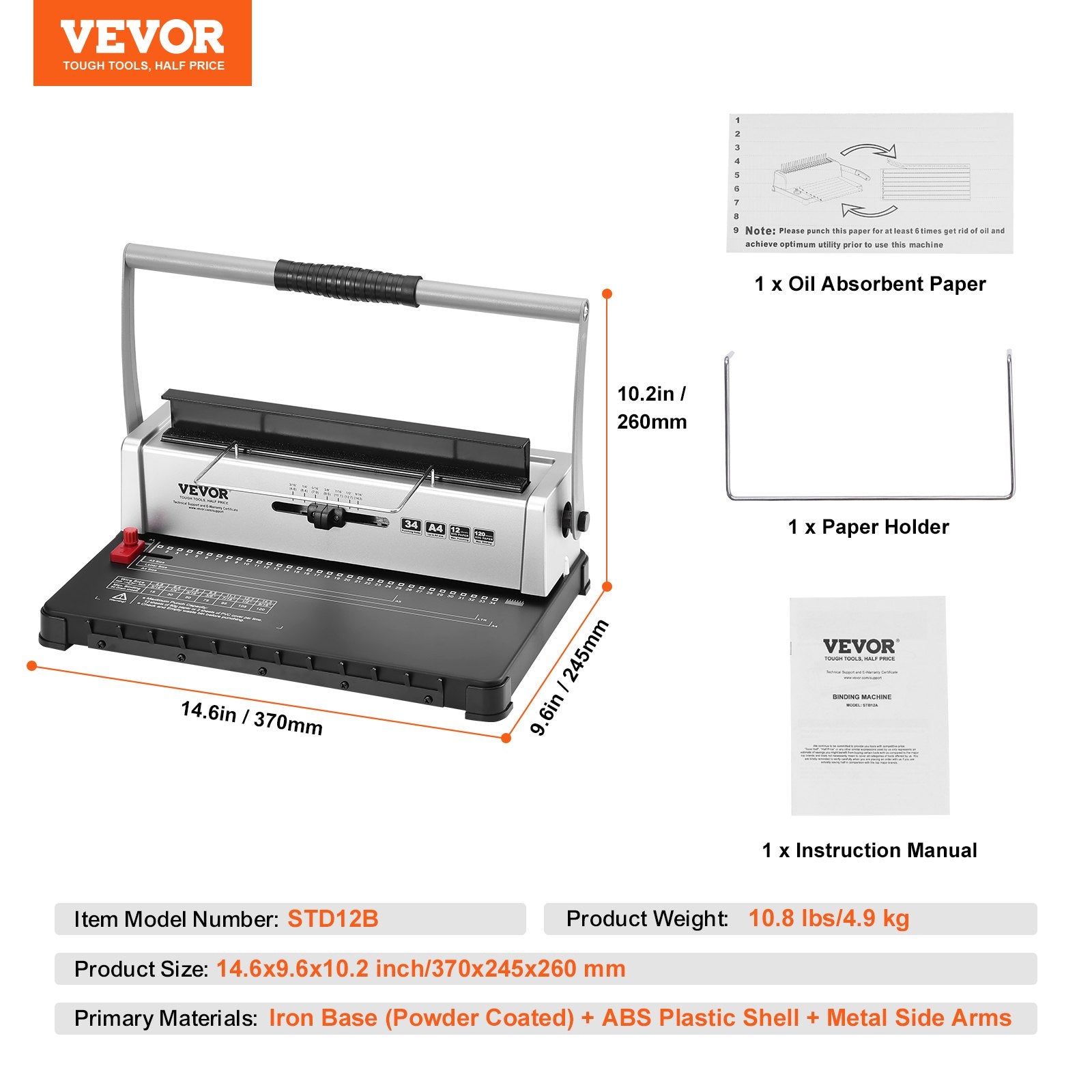 Manual Coil Spiral Binding Machine 34-Holes 120 Sheets for A4/A5/Letter