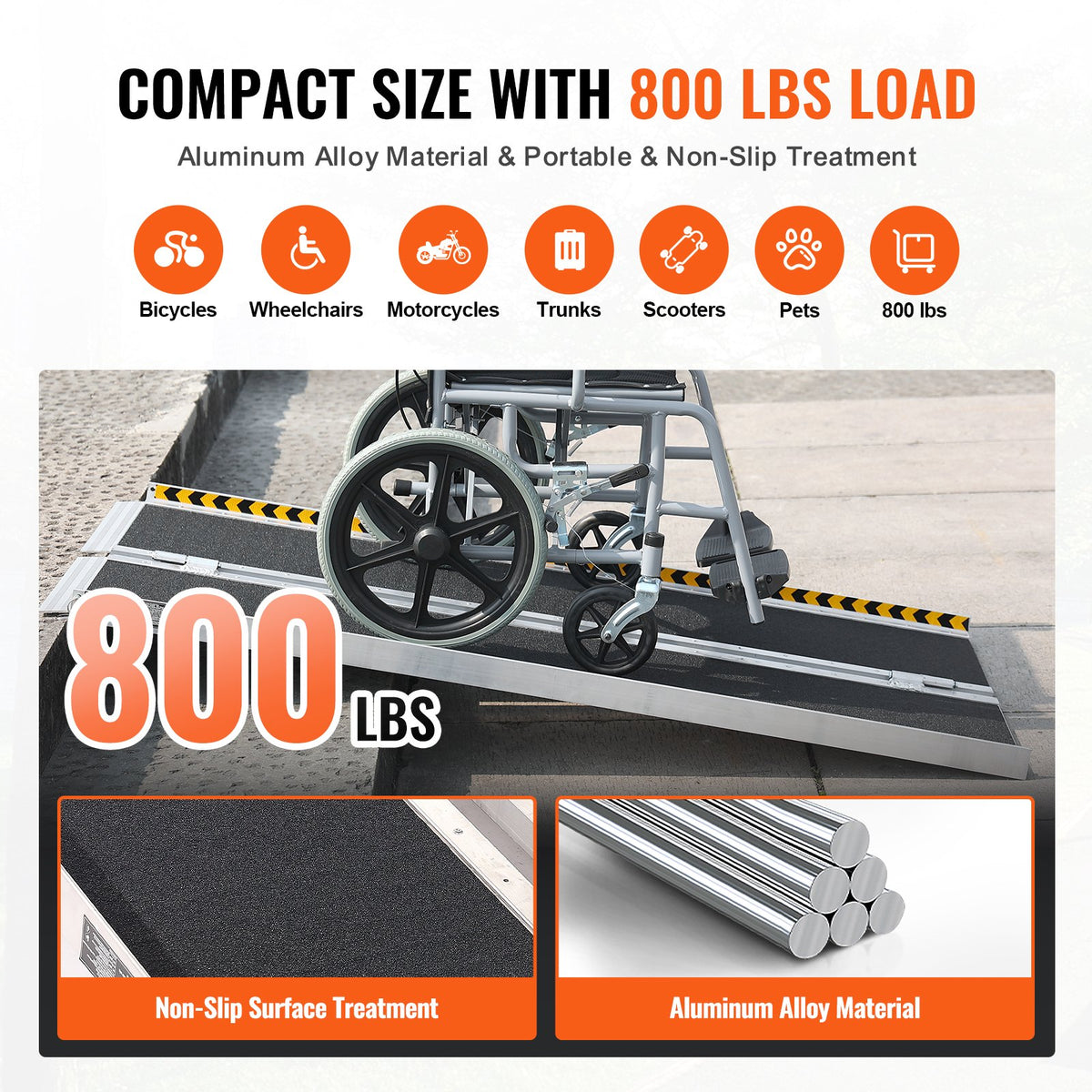 Portable Wheelchair Ramp 122cm Aluminum Folding Non-Slip 363kg Capacity