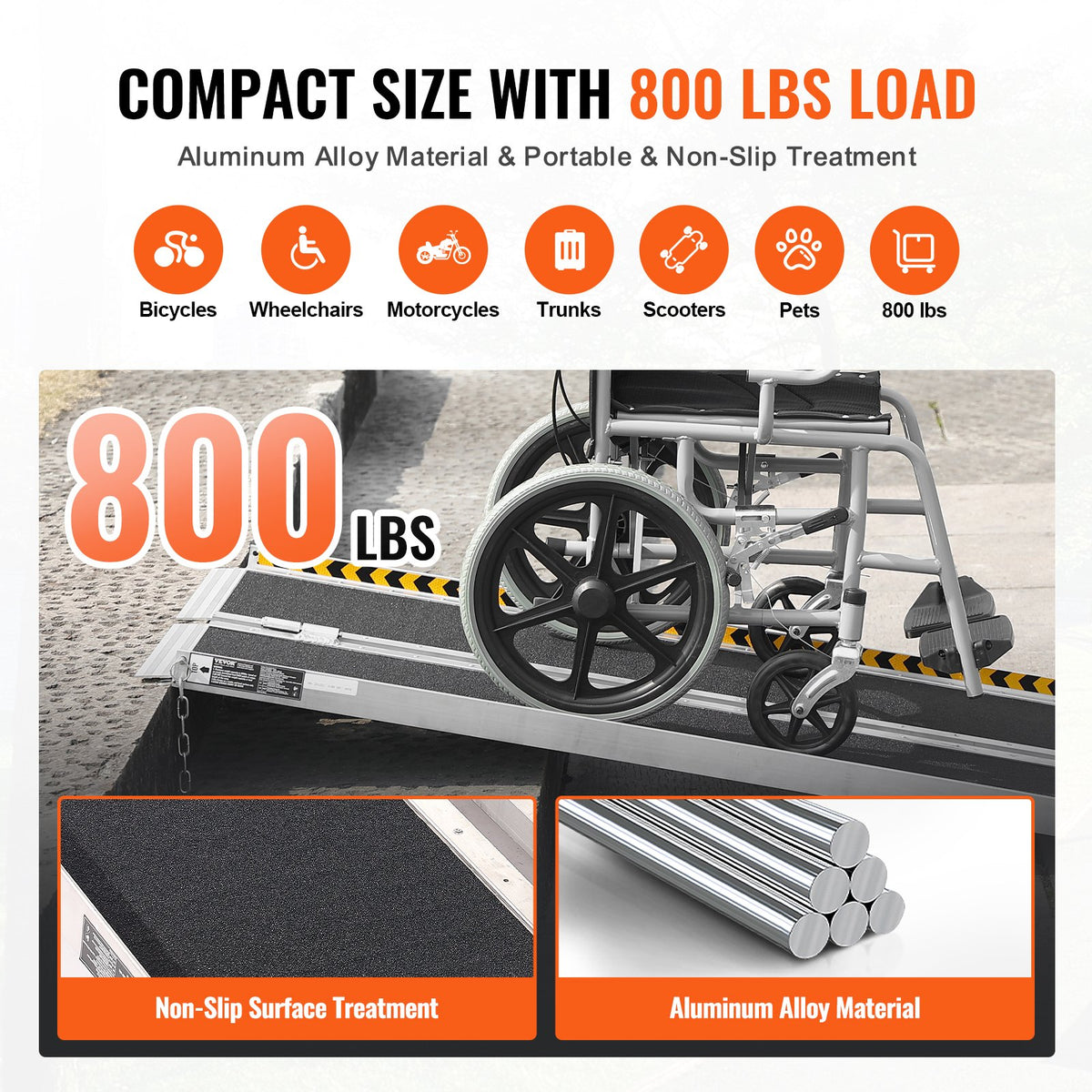 Portable Wheelchair Ramp 183cm Aluminum Folding Non-Slip 363kg Capacity