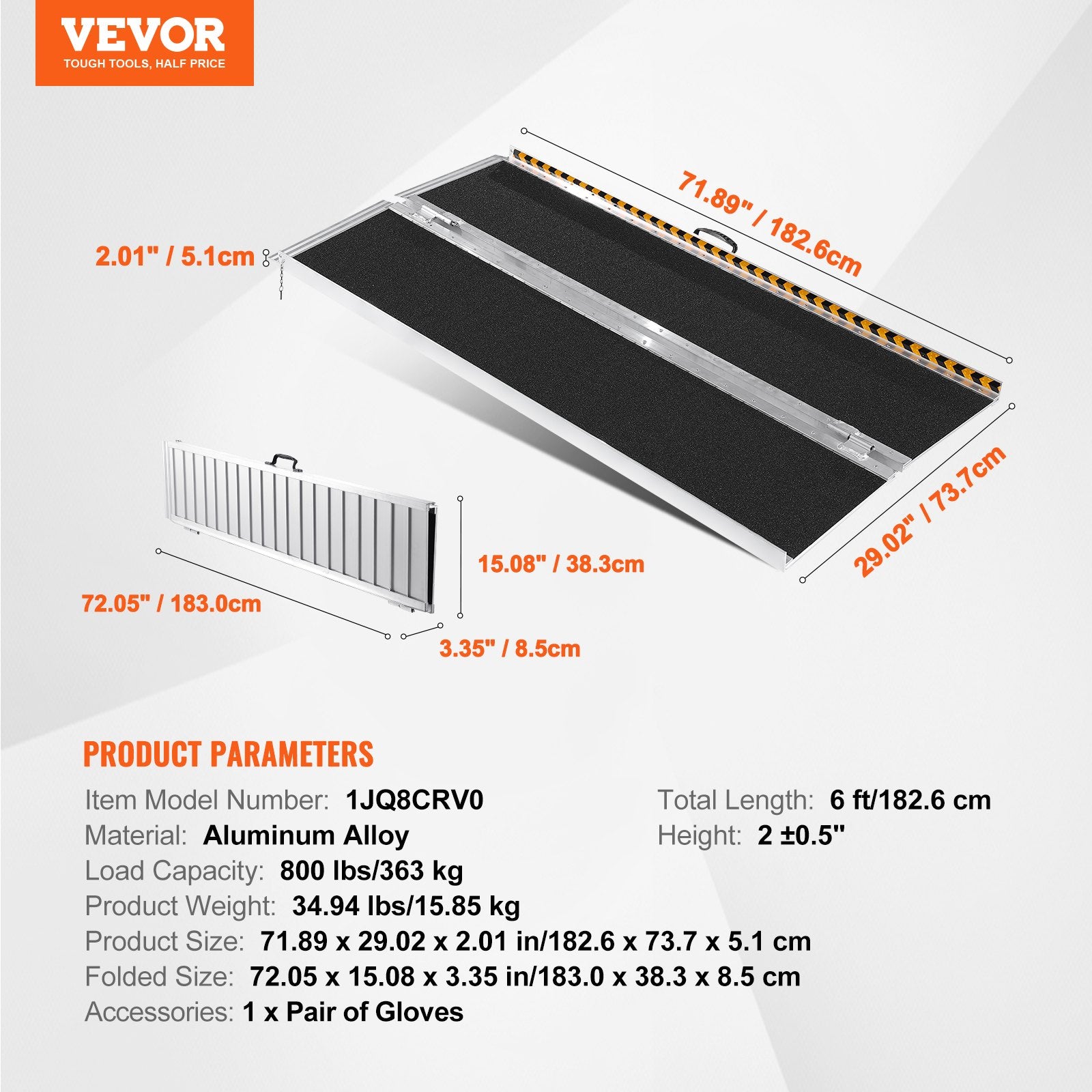 Portable Wheelchair Ramp 183cm Aluminum Folding Non-Slip 363kg Capacity