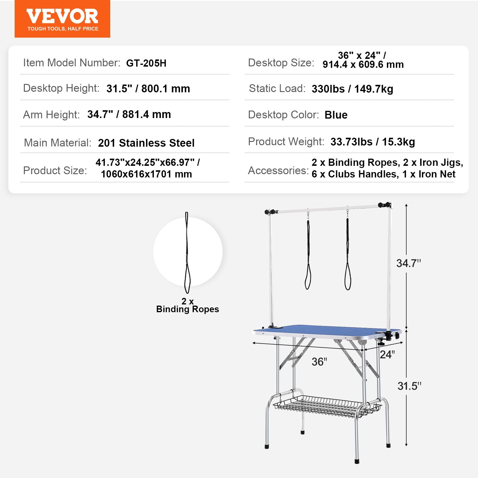 Pet Grooming Table Foldable Clamp Stand 915x610mm for Medium Small Dogs