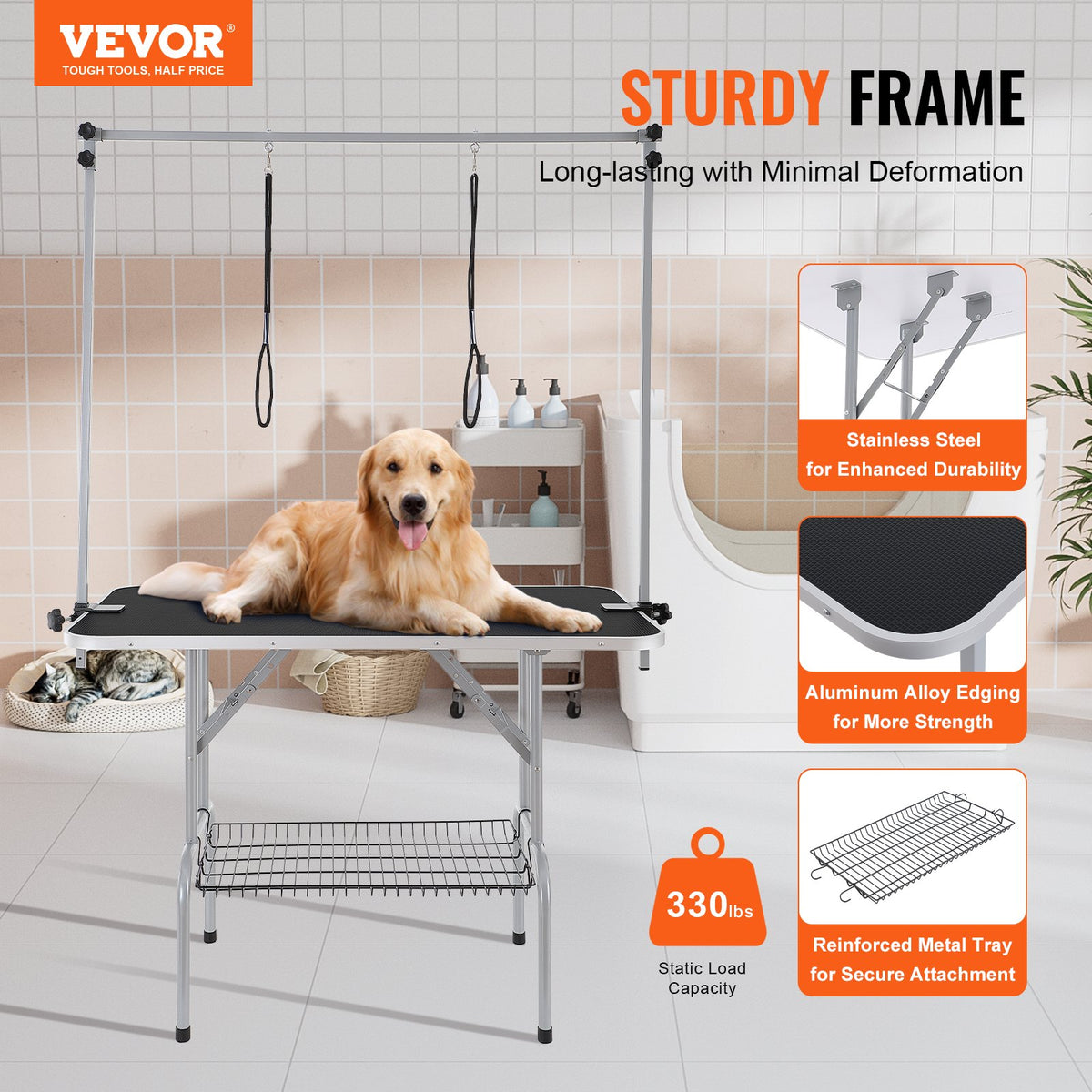 Pet Grooming Table 117cm Foldable Dog Station with 2 Arms Clamp