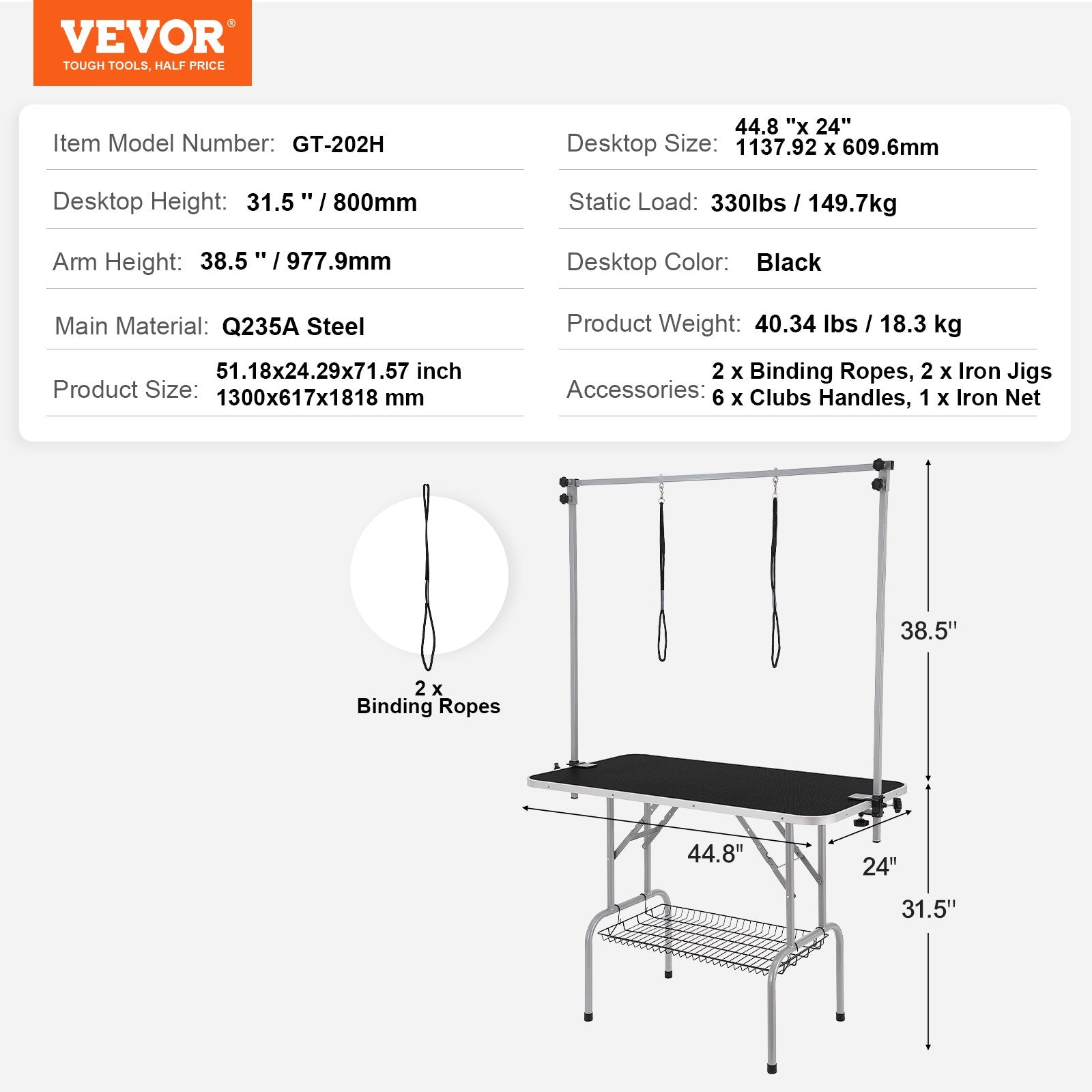 Pet Grooming Table 117cm Foldable Dog Station with 2 Arms Clamp