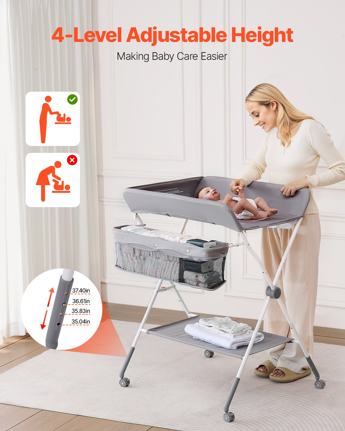 Foldable Baby Diaper Changing Station with Adjustable Height Light Gray
