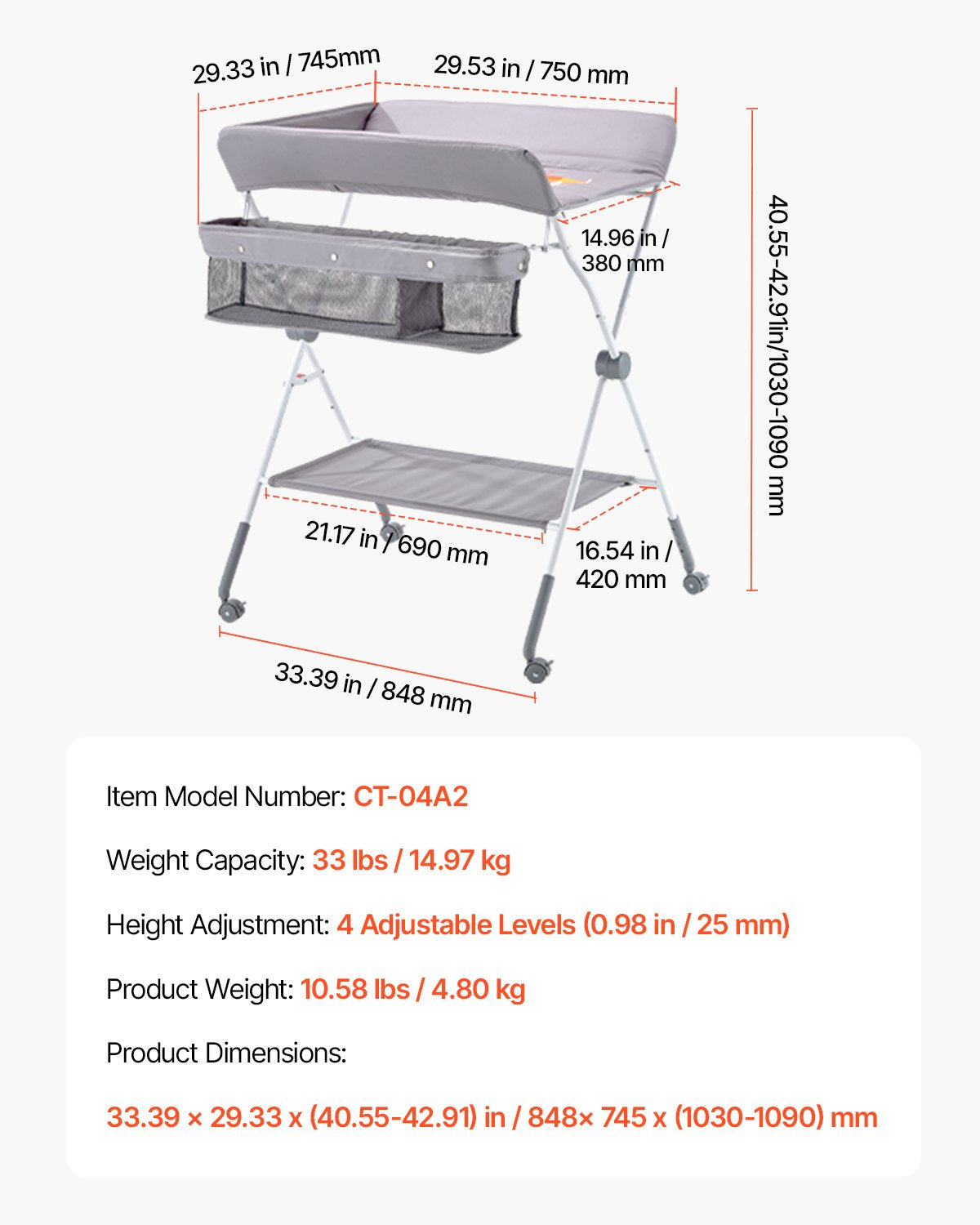 Foldable Baby Diaper Changing Station with Adjustable Height Light Gray