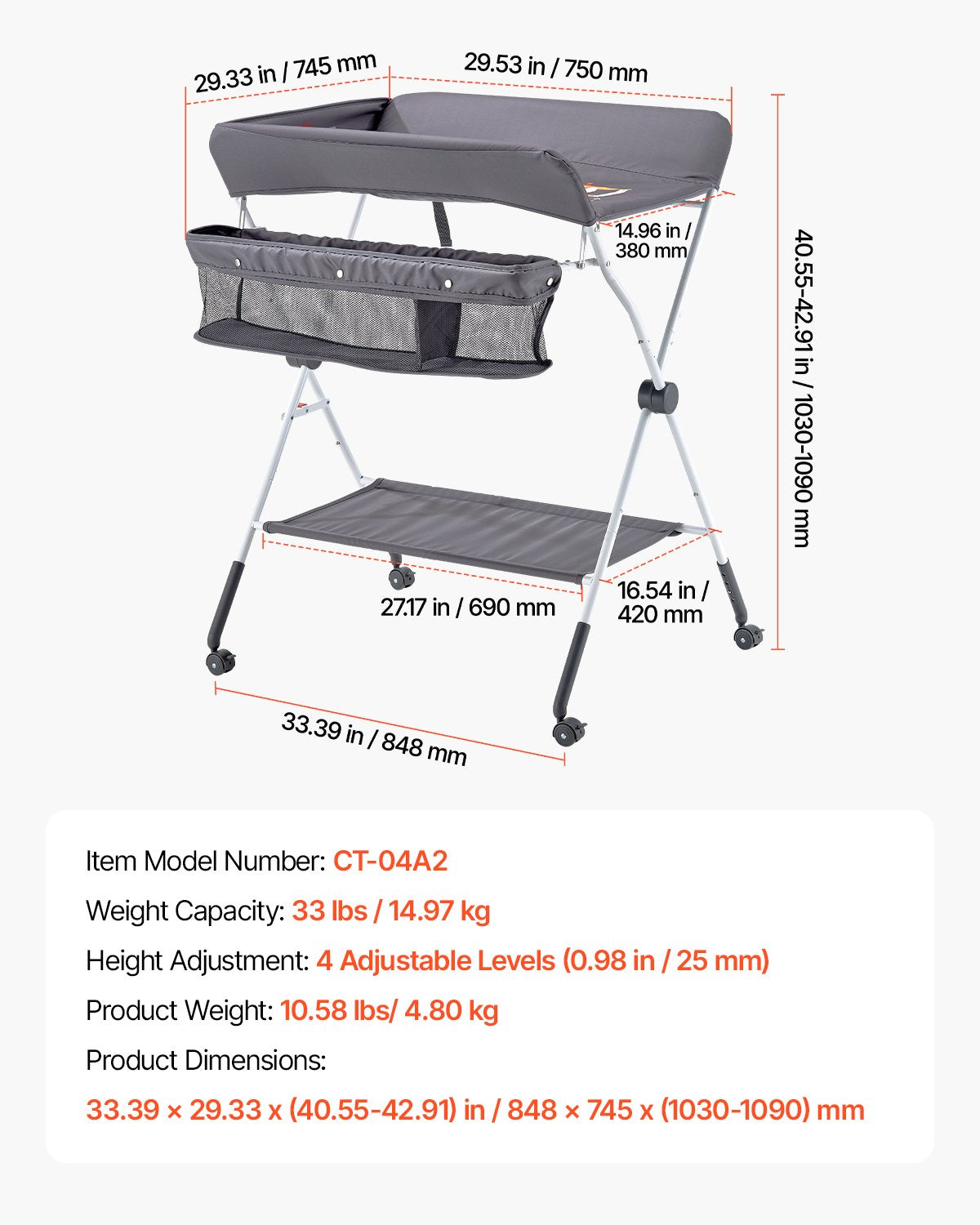 Foldable Baby Diaper Changing Station with Adjustable Height Dark Gray