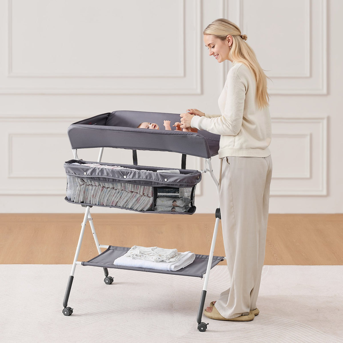 Foldable Baby Diaper Changing Station with Adjustable Height Dark Gray