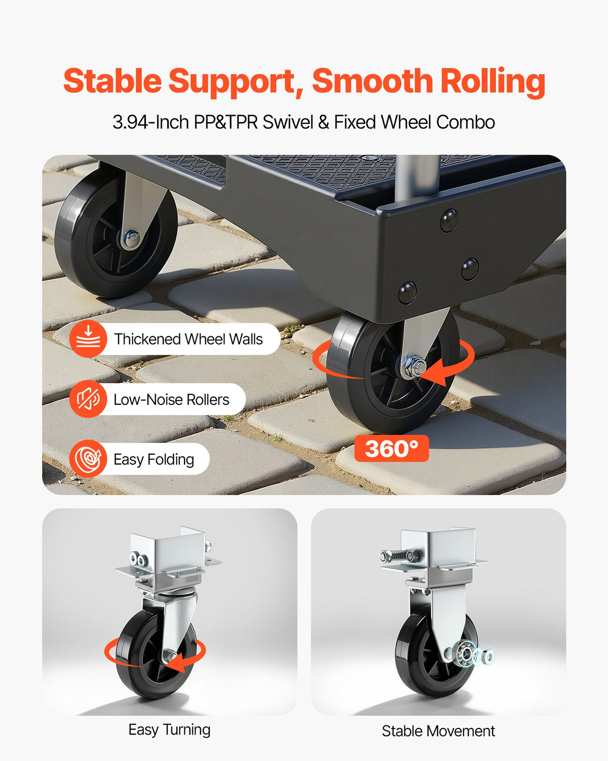 Foldable Push Cart Dolly 149.69kg Swivel Wheels Adjustable Handle 680x495mm