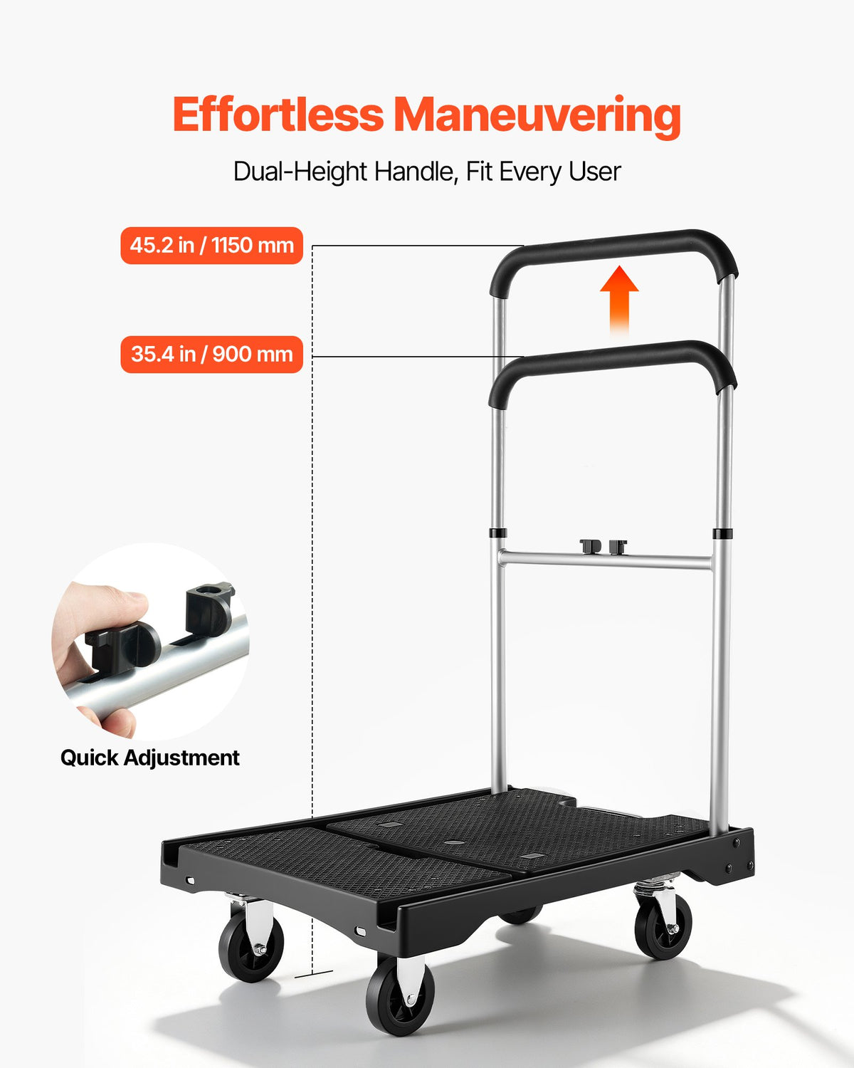 Foldable Push Cart Dolly 149.69kg Swivel Wheels Adjustable Handle 680x495mm
