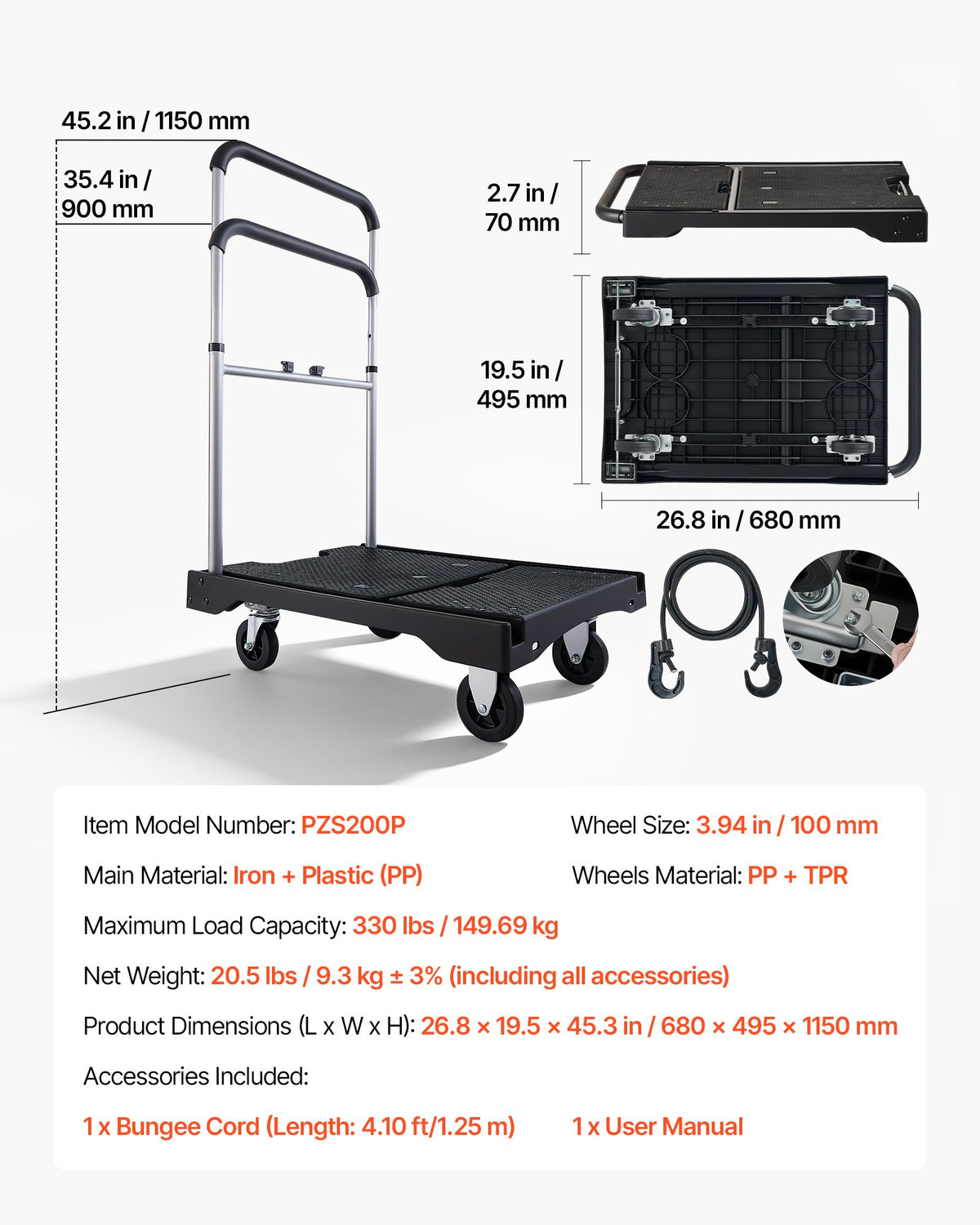Foldable Push Cart Dolly 149.69kg Swivel Wheels Adjustable Handle 680x495mm