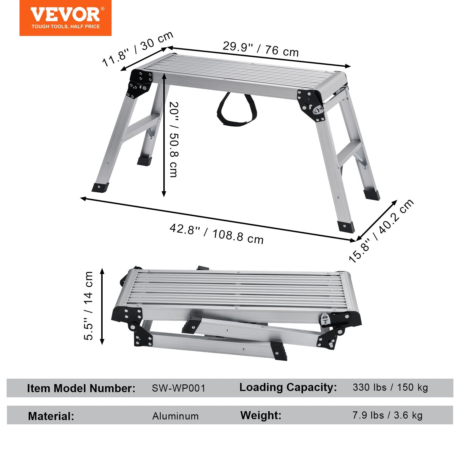 Folding Work Platform Aluminum Stool 330lb Capacity Heavy Duty Non-Slip Bench