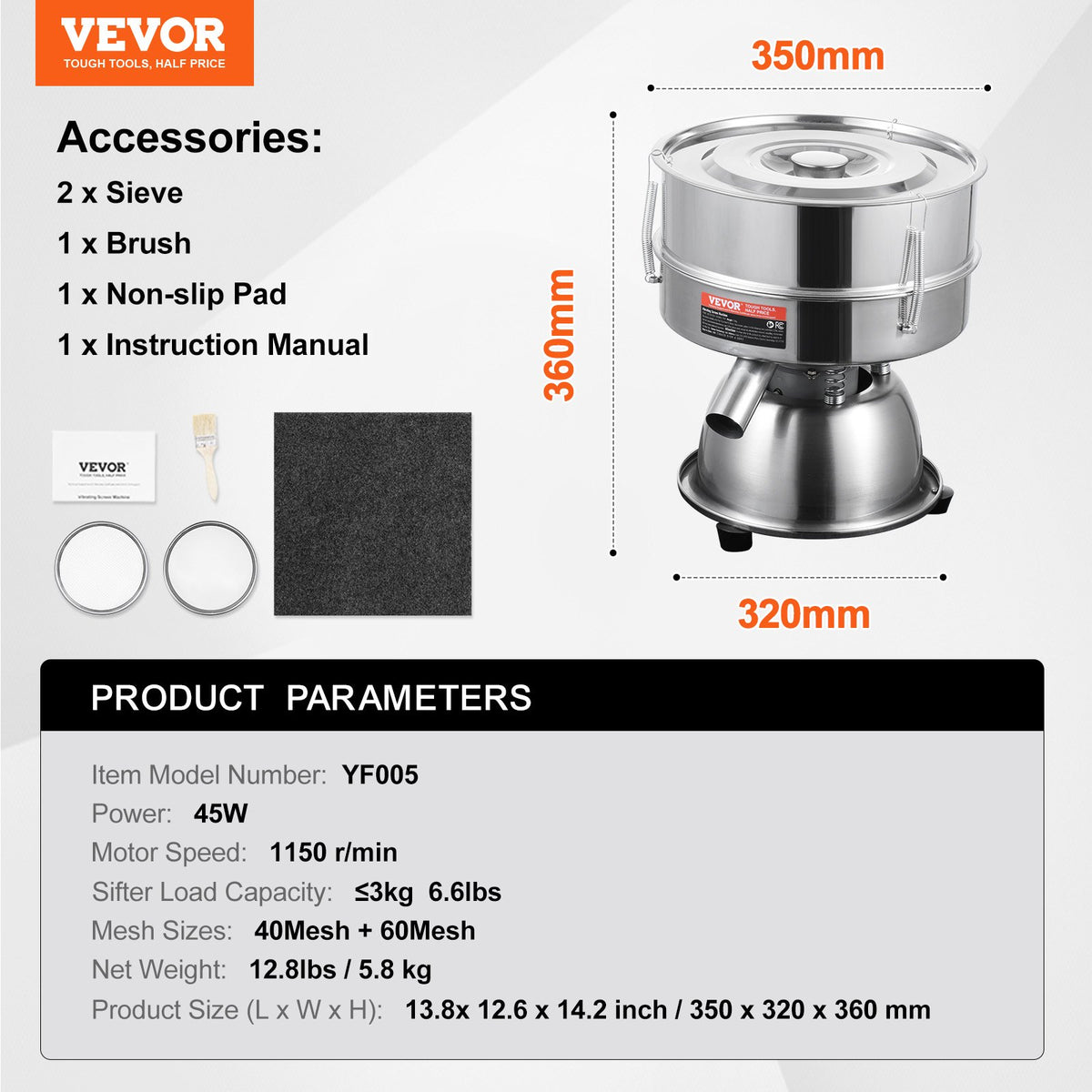 Automatic Electric Vibrating Sieve Stainless Steel 45W Sifter Shaker 40-60 Mesh