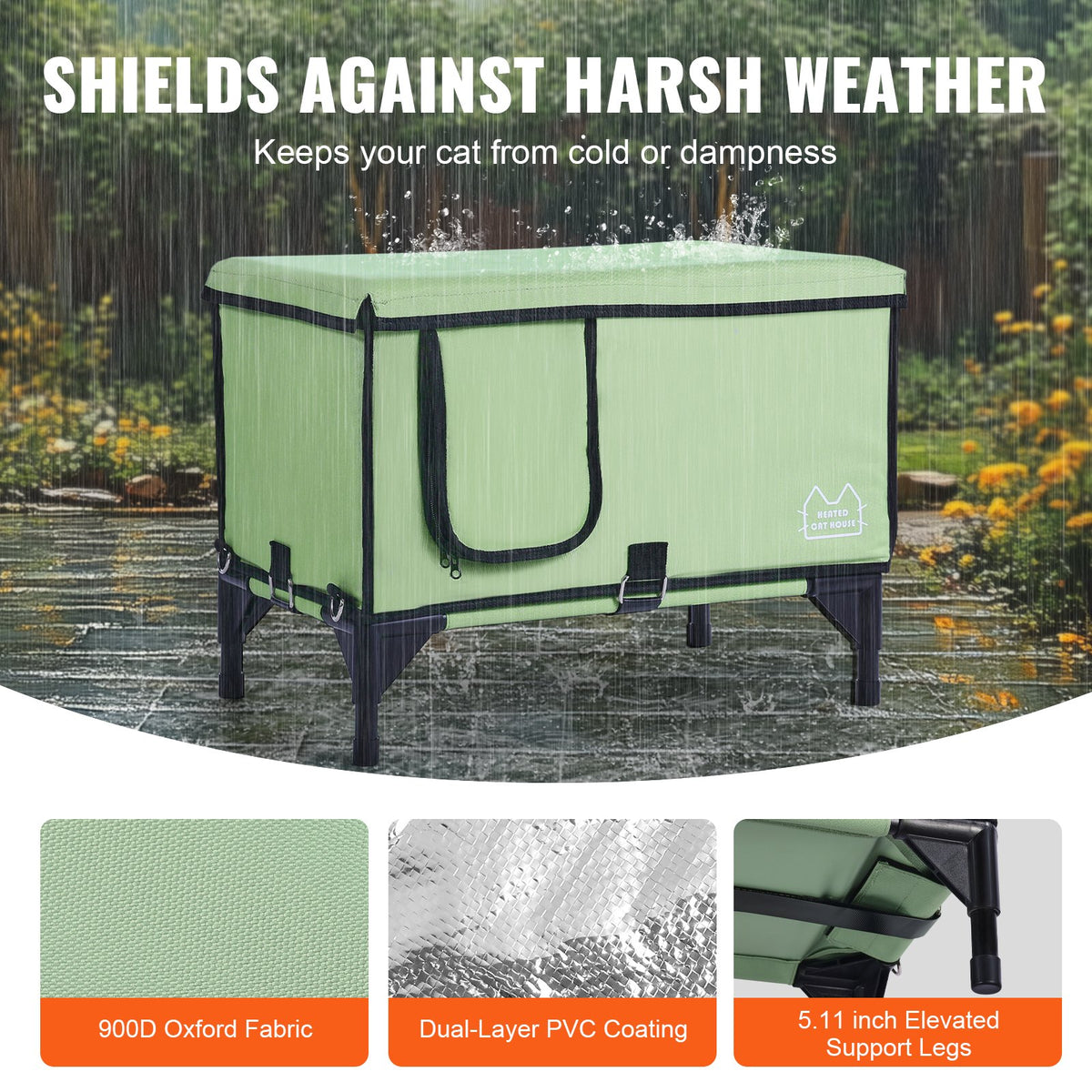 Elevated Heated Cat House, Large Foldable Shelter with Adjustable Temp & Timer