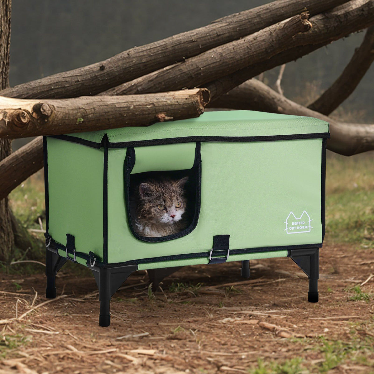 Elevated Heated Cat House, Large Foldable Shelter with Adjustable Temp & Timer
