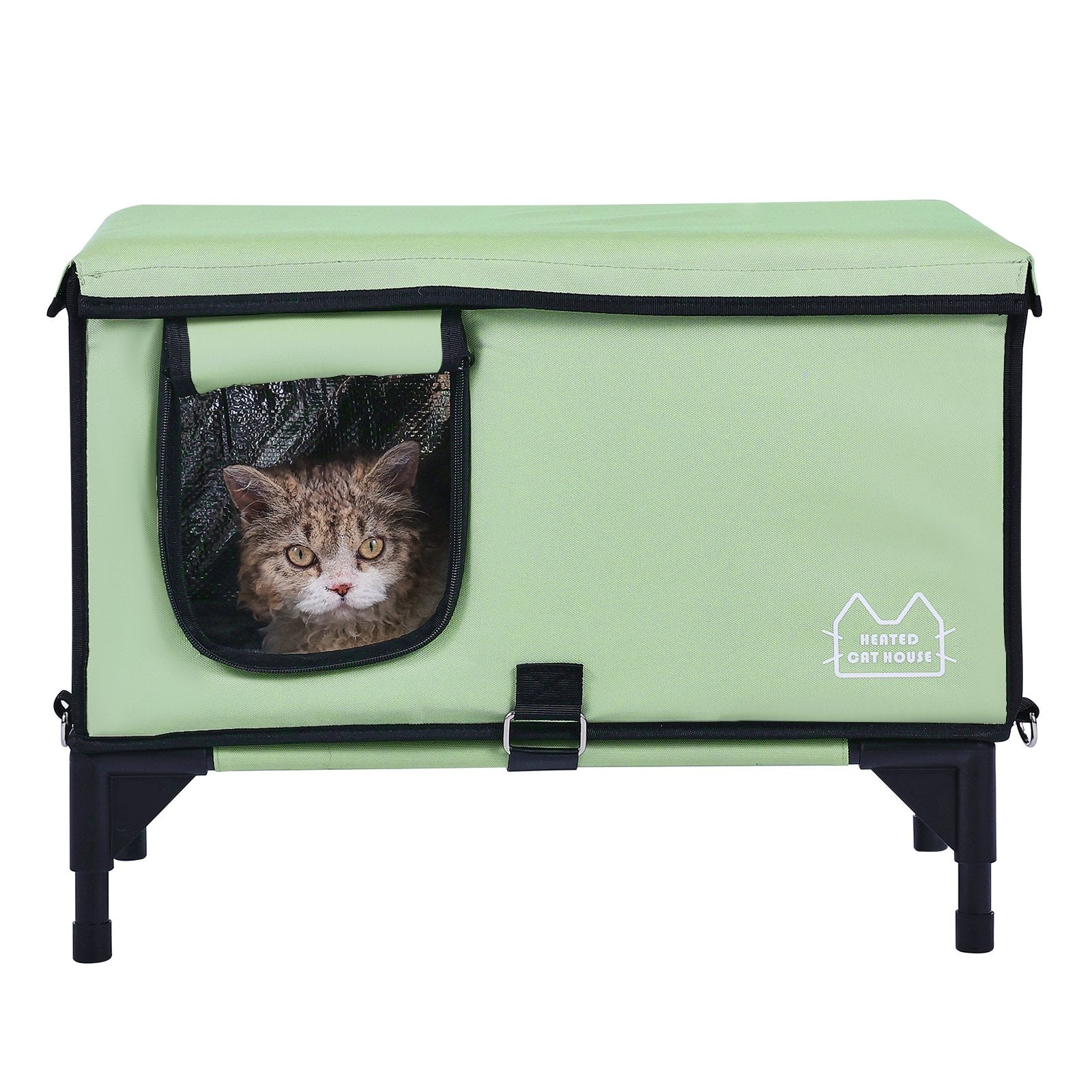 Elevated Heated Cat House, Large Foldable Shelter with Adjustable Temp & Timer