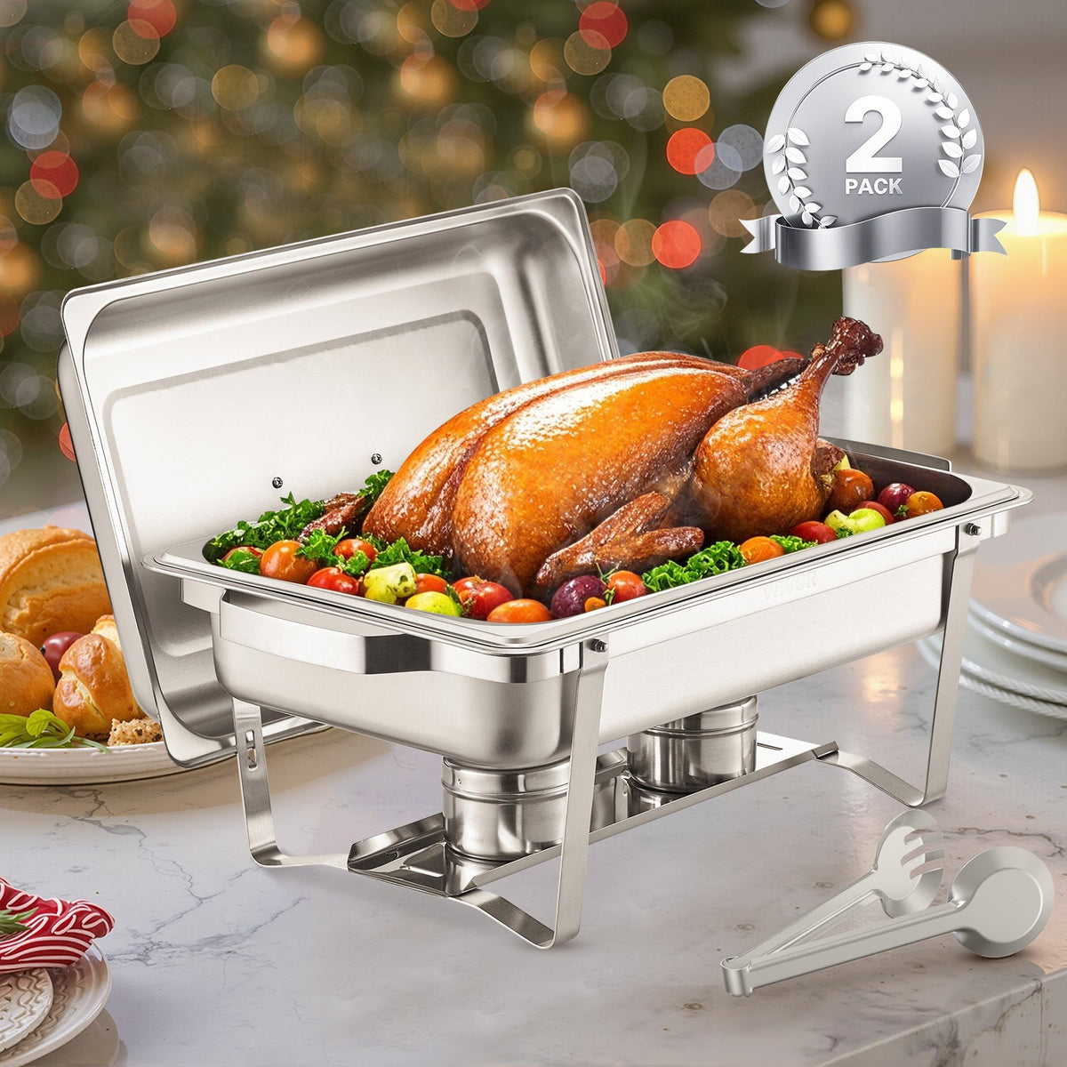 2-Pack 8 Qt Stainless Steel Chafing Dish Set Full-Size Pans Lid Holder