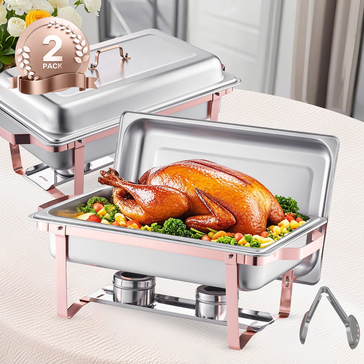 8Qt Chafing Dish Buffet Set 2Pack Stainless Steel Chafer Server 2 Pans Rose Gold