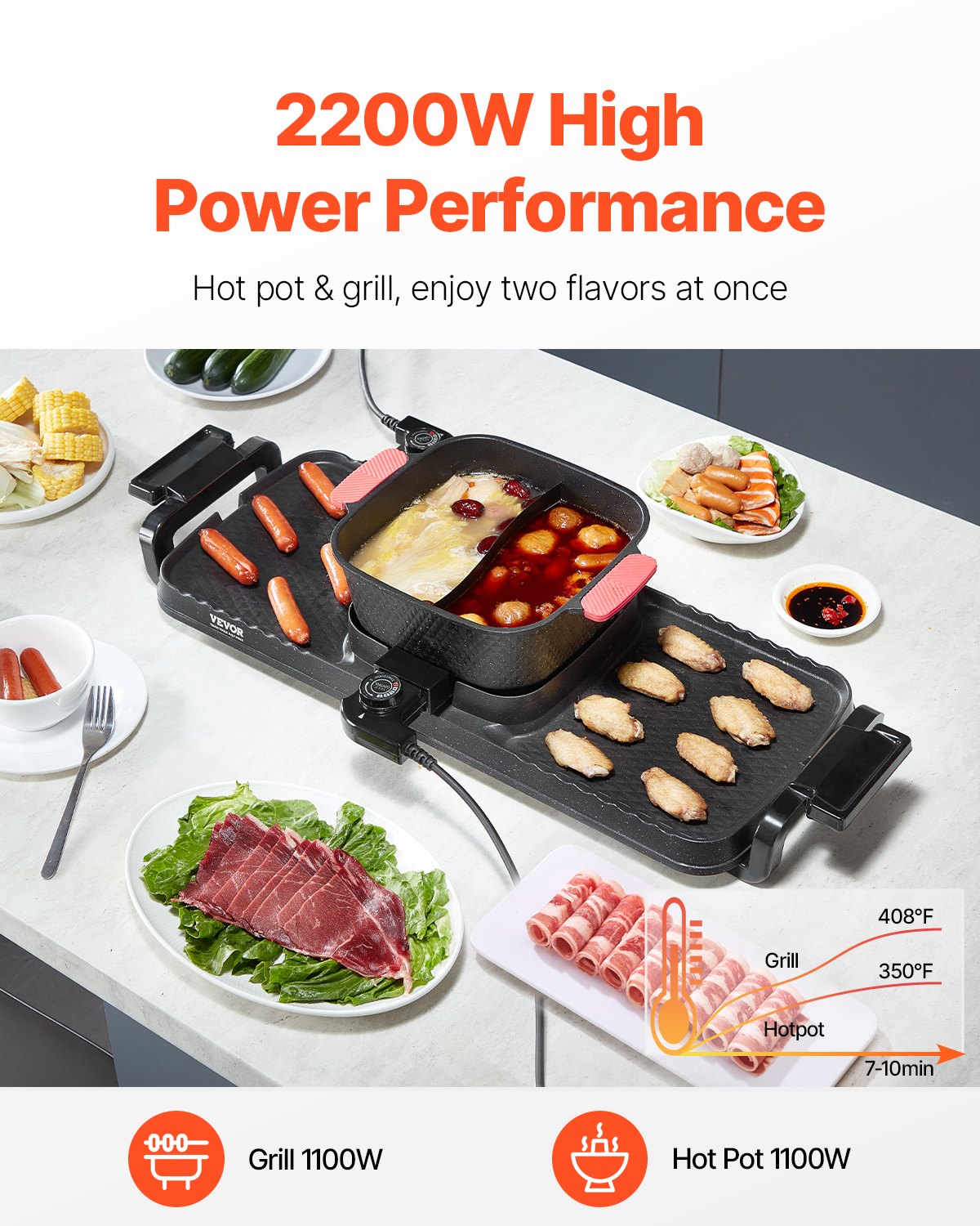 Hot Pot 2-in-1 Smokeless Shabu-Shabu Grill 2300W Dual Temperature