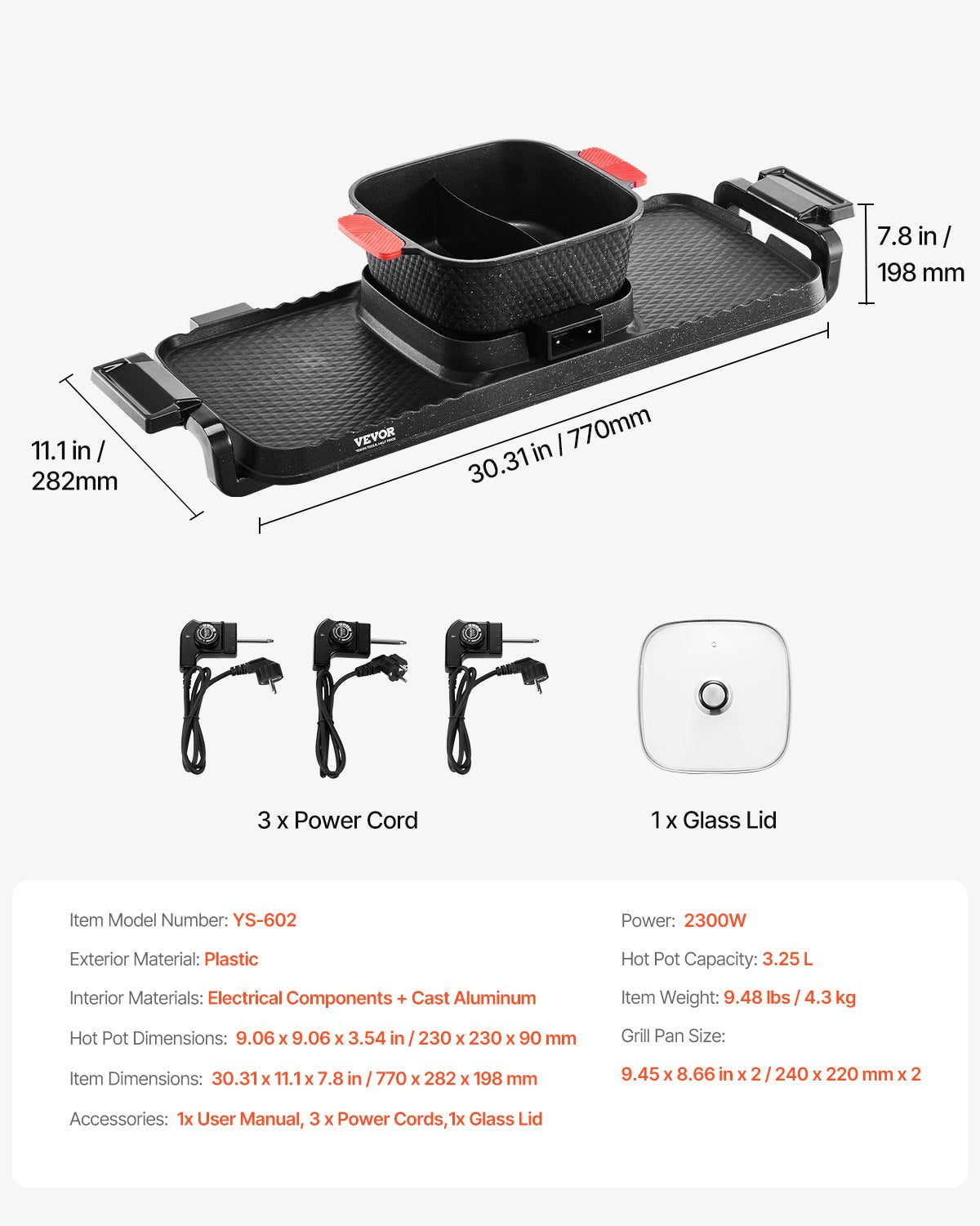 Hot Pot 2-in-1 Smokeless Shabu-Shabu Grill 2300W Dual Temperature